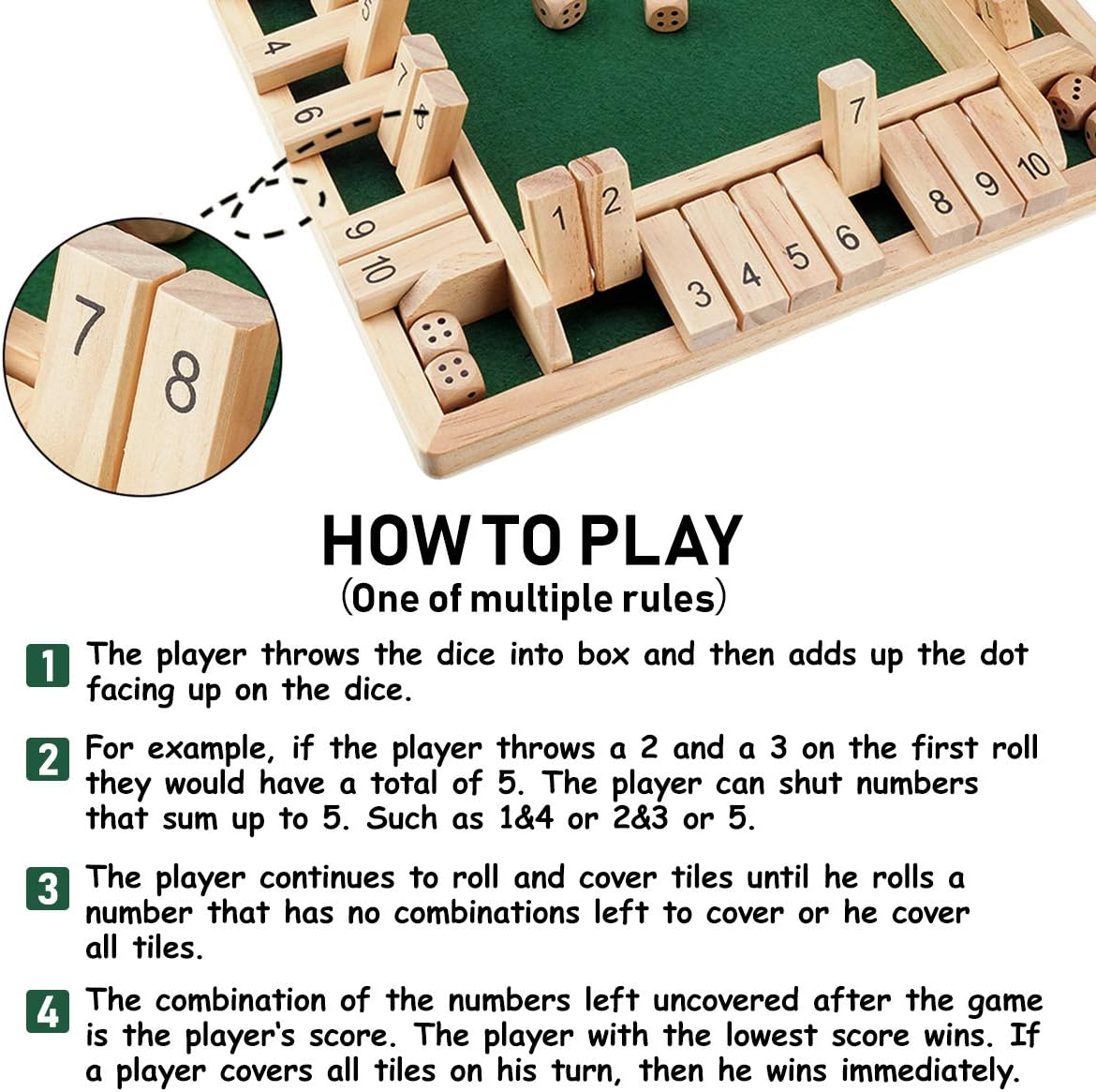 ROPODA 4-Way Shut the Box Dice Game (2-4 Players) for Kids + Adults [4 Sided Large Wooden Board Game, 8 Dice + Shut-The-Box Rules] Smart Game for Learning Numbers, Strategy + Risk Management image number 1