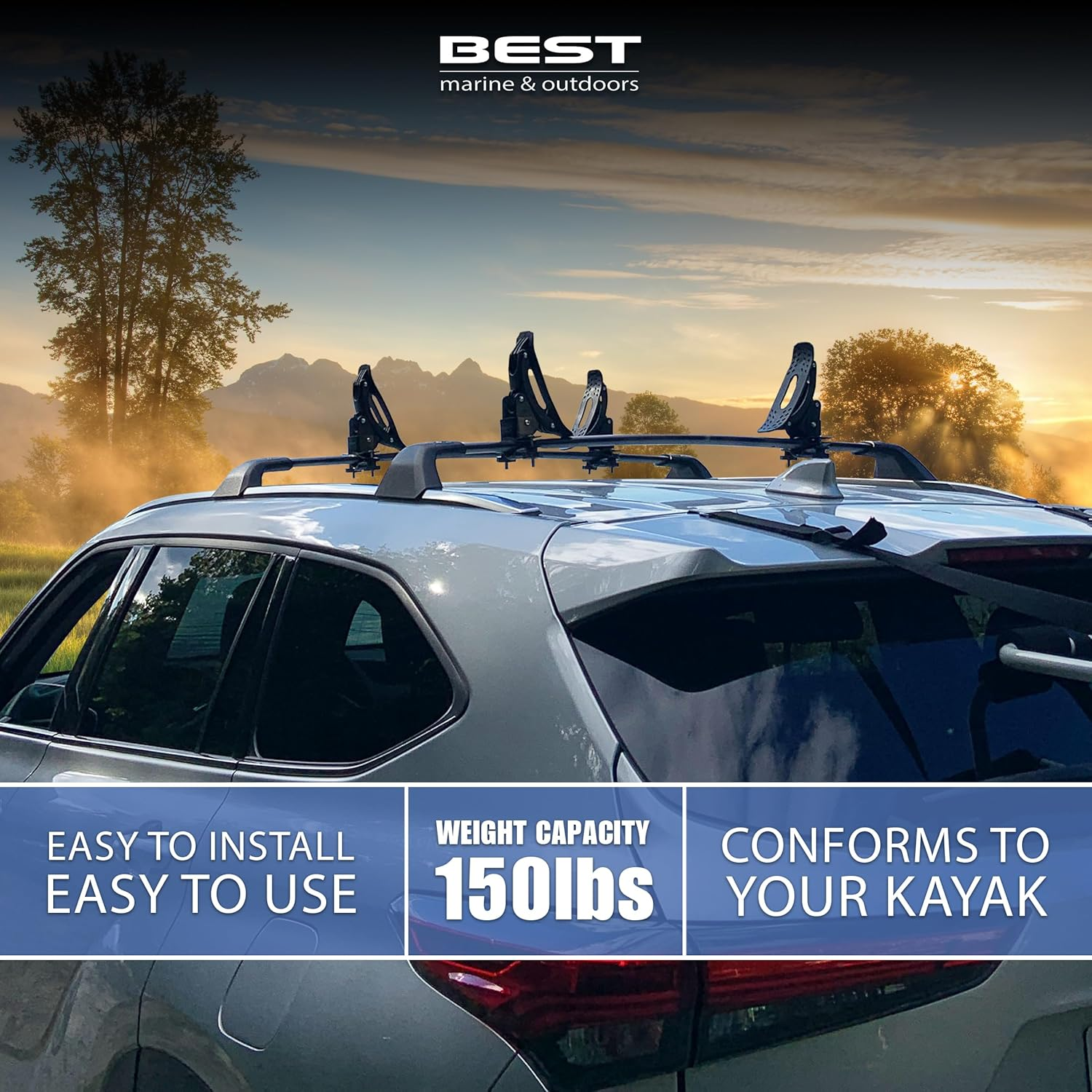 Best Marine and Outdoors Kayak Roof Rack Saddles | Universal Carrier Cradles for Kayaks & Canoes Rooftop Mount Cars, Trucks SUV Crossbars Rails Straps Included Black image number 3