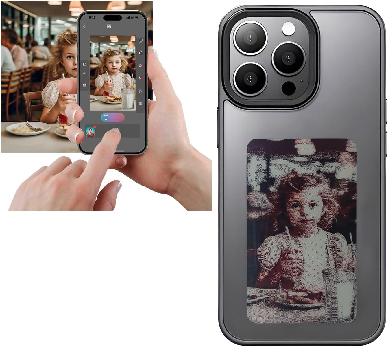 Smart Photo Rear Projection DIY Phone Case Customizable E-Ink Phone Case Instantly Display Photos on the Ink Screen Back Cover Personalize Your Phone Anytime Anywhere (Black, for Iphone15 Pro Max)