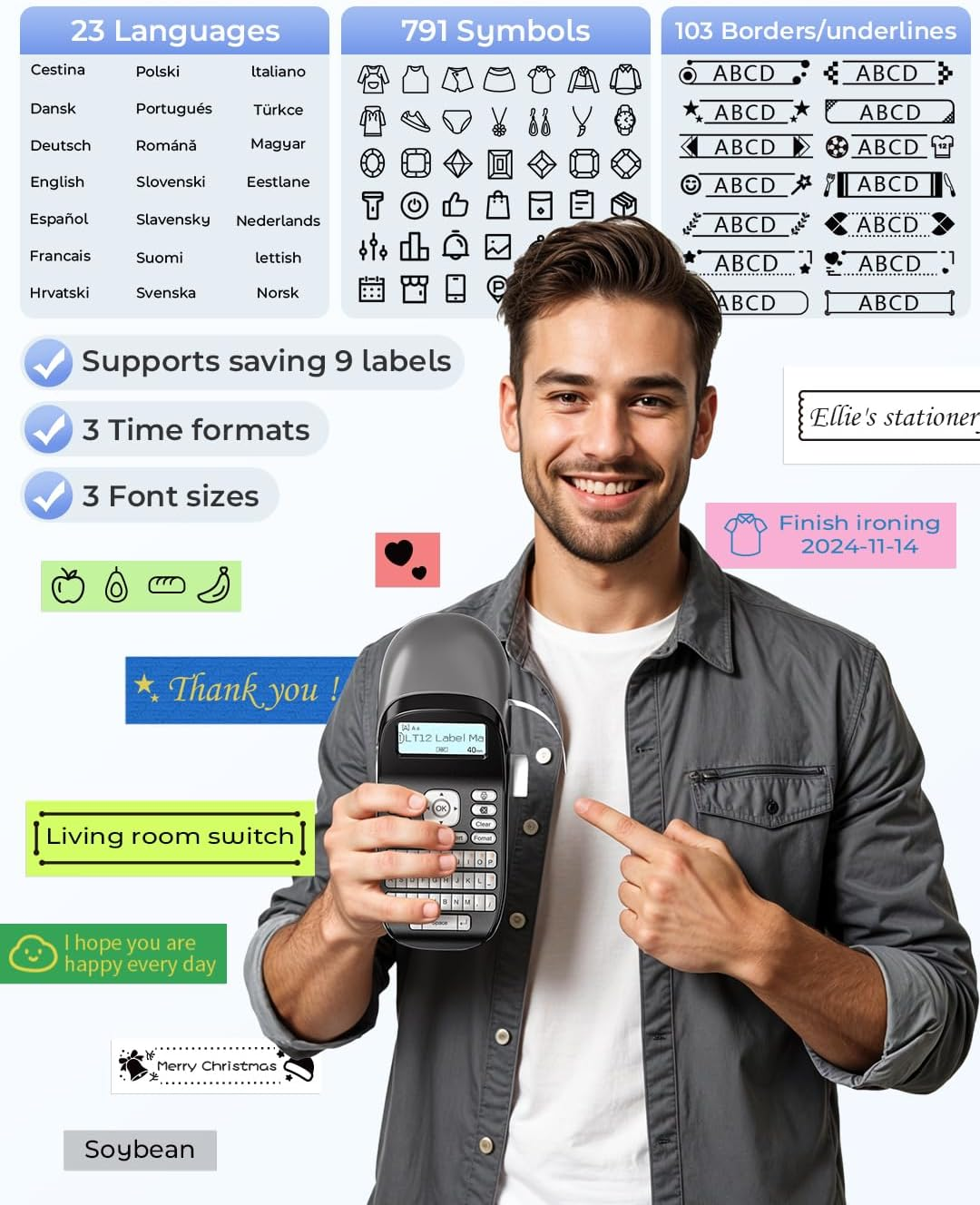 Phomemo Label Maker Machine with Tape-Label Maker with QWERTY Keyboard,Bluetooth Labeler Label Printer Machine with Backlit Screen, Multiple Symbols Borders Fonts for Home School Office Organization image number 5