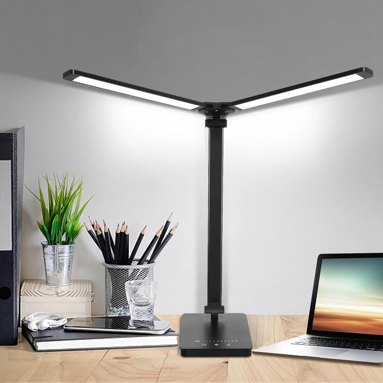Desk Lamp for Home Office - LED Lamp with USB Port,Eye-Caring Double Swing Arm Bright Table Lamp, Dimmable Touch Lamp Desktop Light for Bedroom/Living Room/College