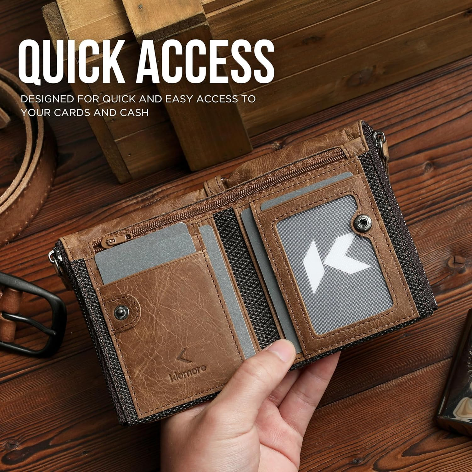 Chain Wallets for Men Leather, Zipper Wallet with Chain, RFID Blocking Bifold Mens Vintage Large Purse Credit Card Holder Gifts for Men image number 2