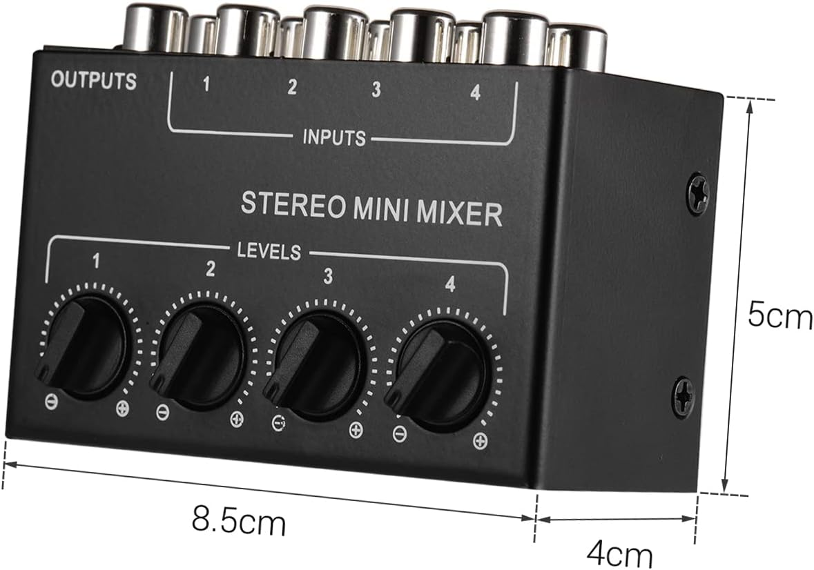 Stereo Mini Mixer, Mini Stereo Audio Mixer with 4-Channel RCA Inputs Separate Volume Controls Full Metal Shell