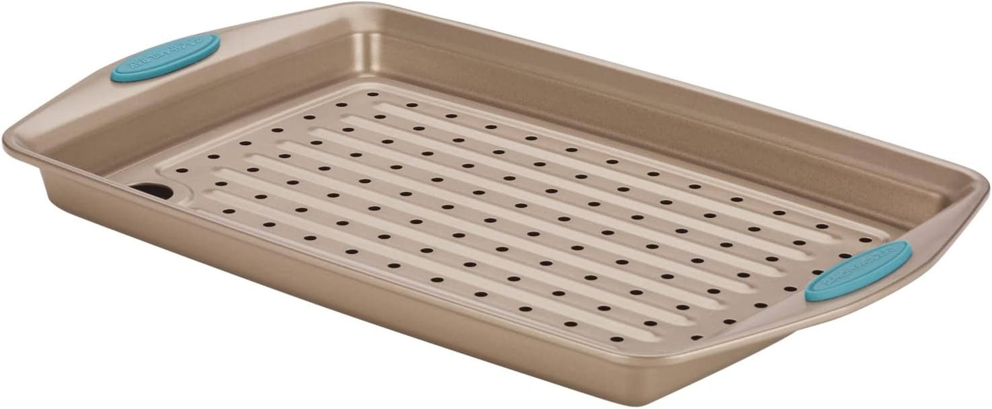 Rachael Ray 2 Piece Cucina Nonstick Bakeware Crisper Pan Set, Latte Brown with Cranberry Red Handle Grips