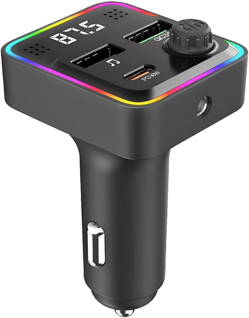 QUMOX Bluetooth 5.3 FM Transmitter Car Charger, PD30W USB-C + QC3.0 Fast Charging, 7-Color Ambient Light, Hands-Free Calling, Dual USB Ports, Universal 12-24V Car Compatibility image number 2