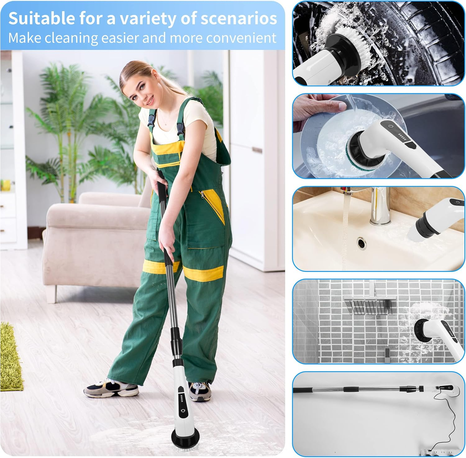 Electric Spin Scrubber, Cordless Shower Scrubber, 7 Replacement Brush Head, 1.5H Bathroom Scrubber Dual Speed, Shower Cleaning Brush with Extension Arm for Bathtub Tile Floor
