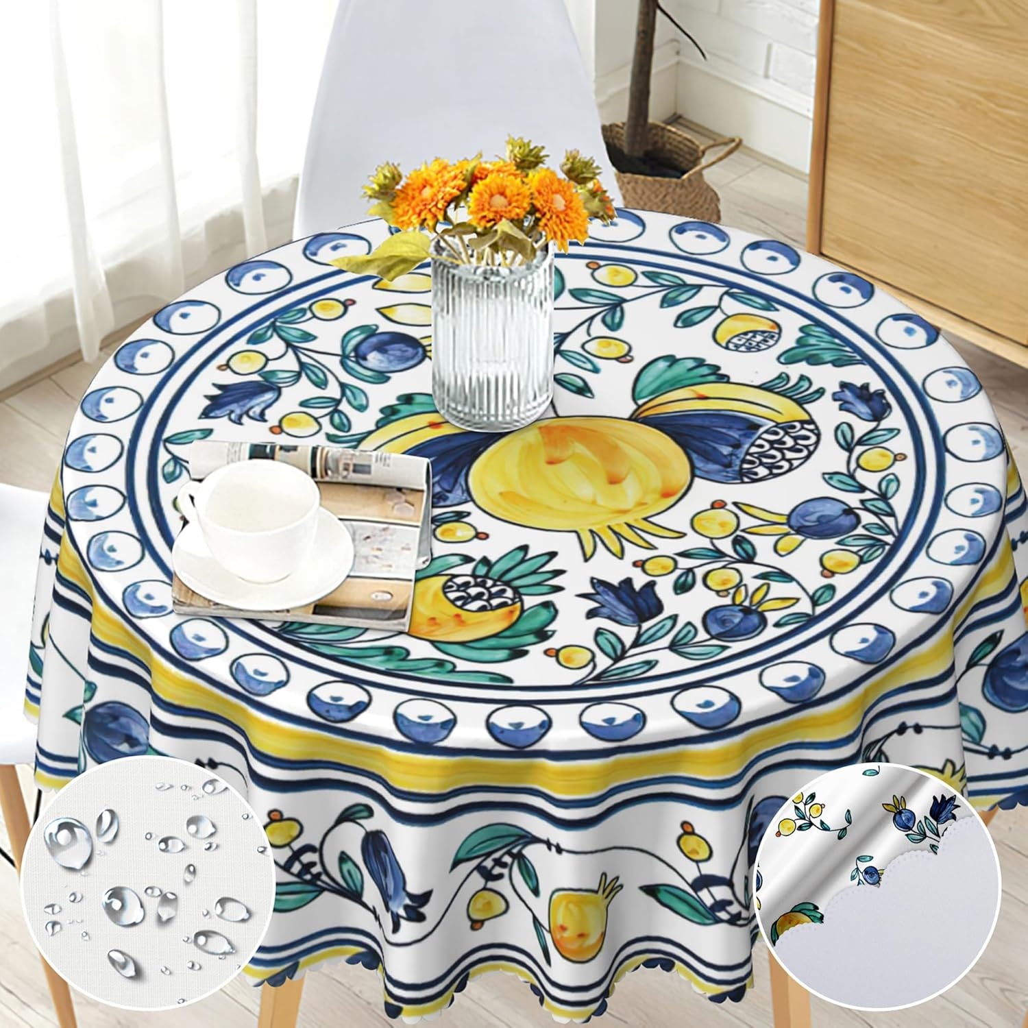 Round Tablecloth 60 Inch, Floral round Table Cloth, Stain Resistance, Water Repellent and Wrinkle-Free, Colorful Flower Circle Tablecloth for Home Kitchen Dining Party Patio Indoor and Outdoor Use image number 3