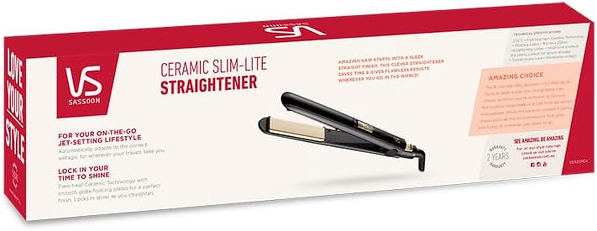 VS Sassoon Ceramic Slim-Lite Hair Straightener &ndash; Slim Flat Iron with 205&deg;C Heat, Smooth Glide Ceramic Plates for Shine, Lightweight Design, Multi Voltage for Global Travel image number 3