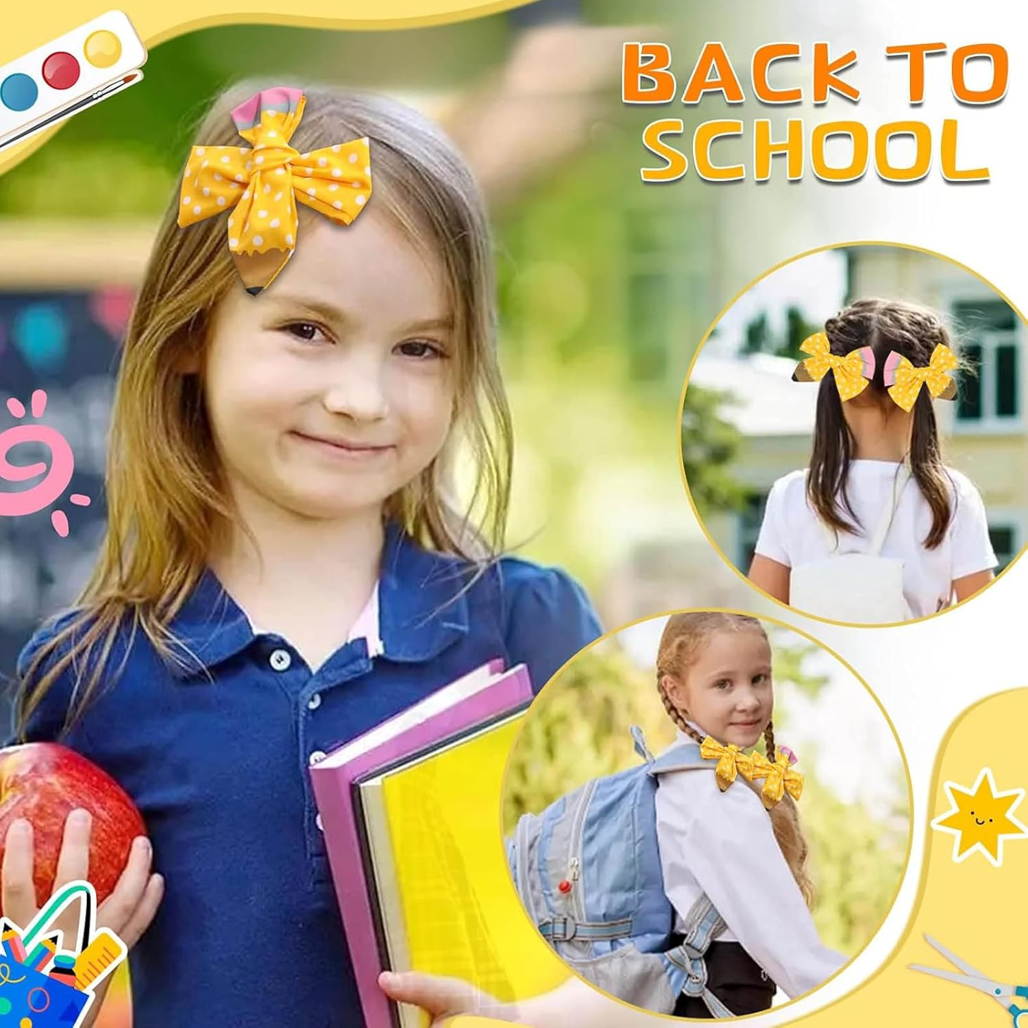 WERIGONI 2Pcs Back to School Hair Bow Clips Yellow Pencil Hair Clips Cute Hair Bows Girls Pencil Design First Day