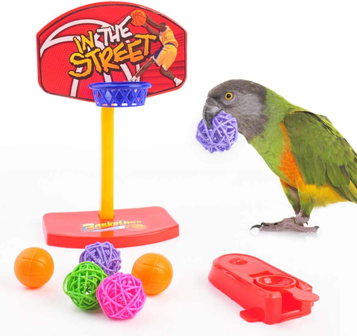 5Pcs Bird Parrot Intelligence Toys, Interactive Playing Training Toy Set, Including Mini Shopping Cart, Training Rings, Skateboard, Basketball Hoop and Ball, for Parrot Parakeet Cockatiel Lovebird image number 1