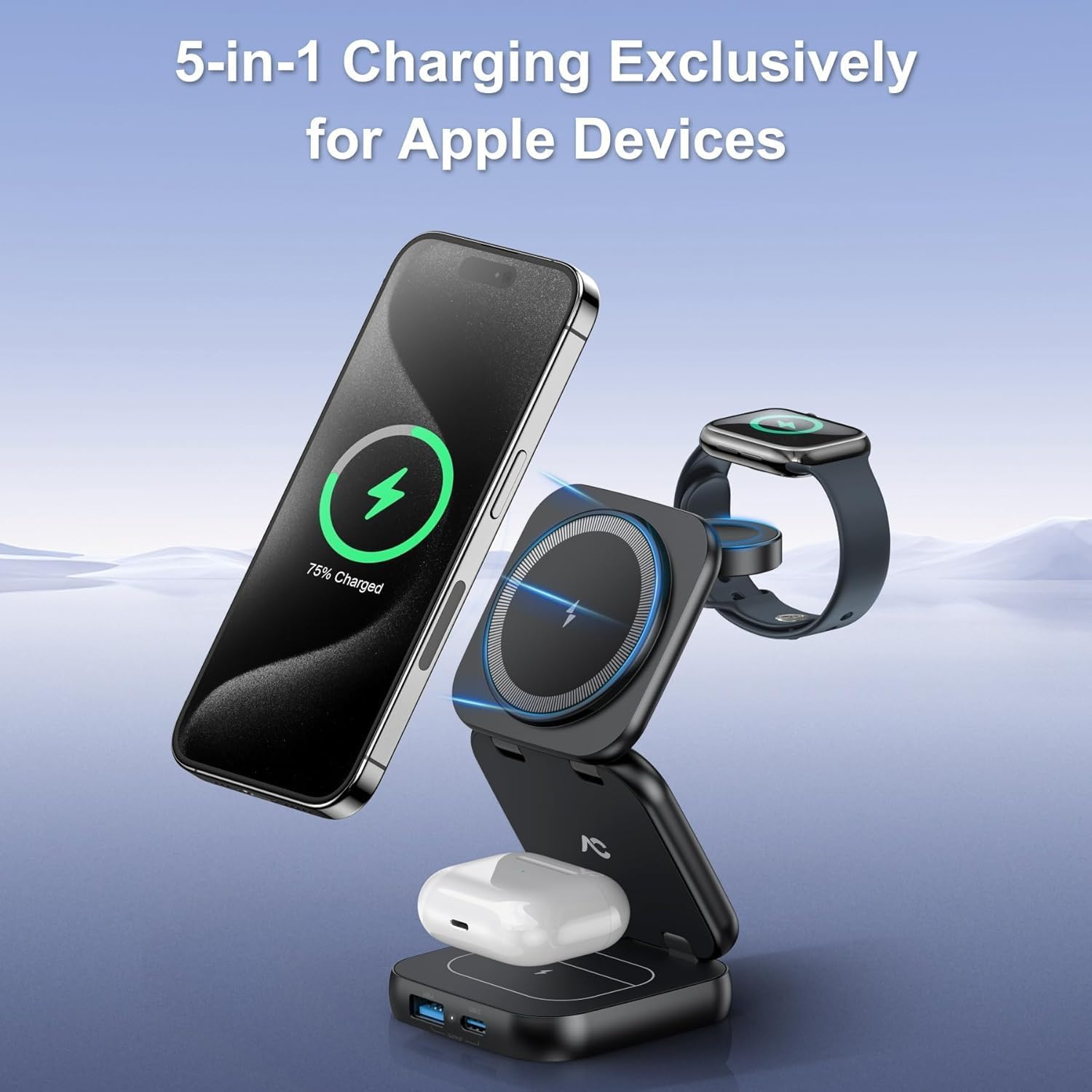 5 in 1 Wireless Charger for Magsafe, AC ISLAND Foldable Charging Station for Apple, Magnetic Multi Charging Stand Dock for Iphone 17/16/15/14/13/12 Series, Apple Watch Airpods (With 35W Gan Adapter) - Black image number 3
