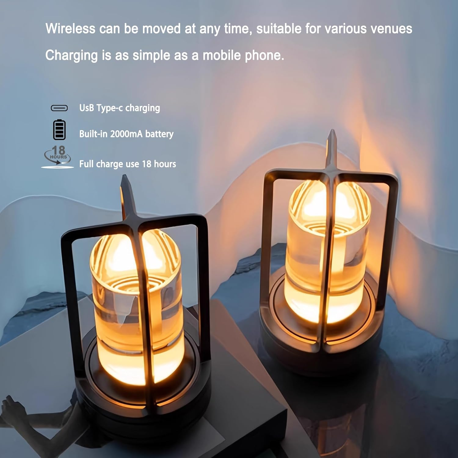 Candico Cordless Bedside Table Lamp Rechargeable Portable Touch,2000Ma Battery Operated Lamps LED Night Light,3Color Stepless Dimming Crystal Lantern Suitable Bedrooms,Bars,Cafes,Camping,Black