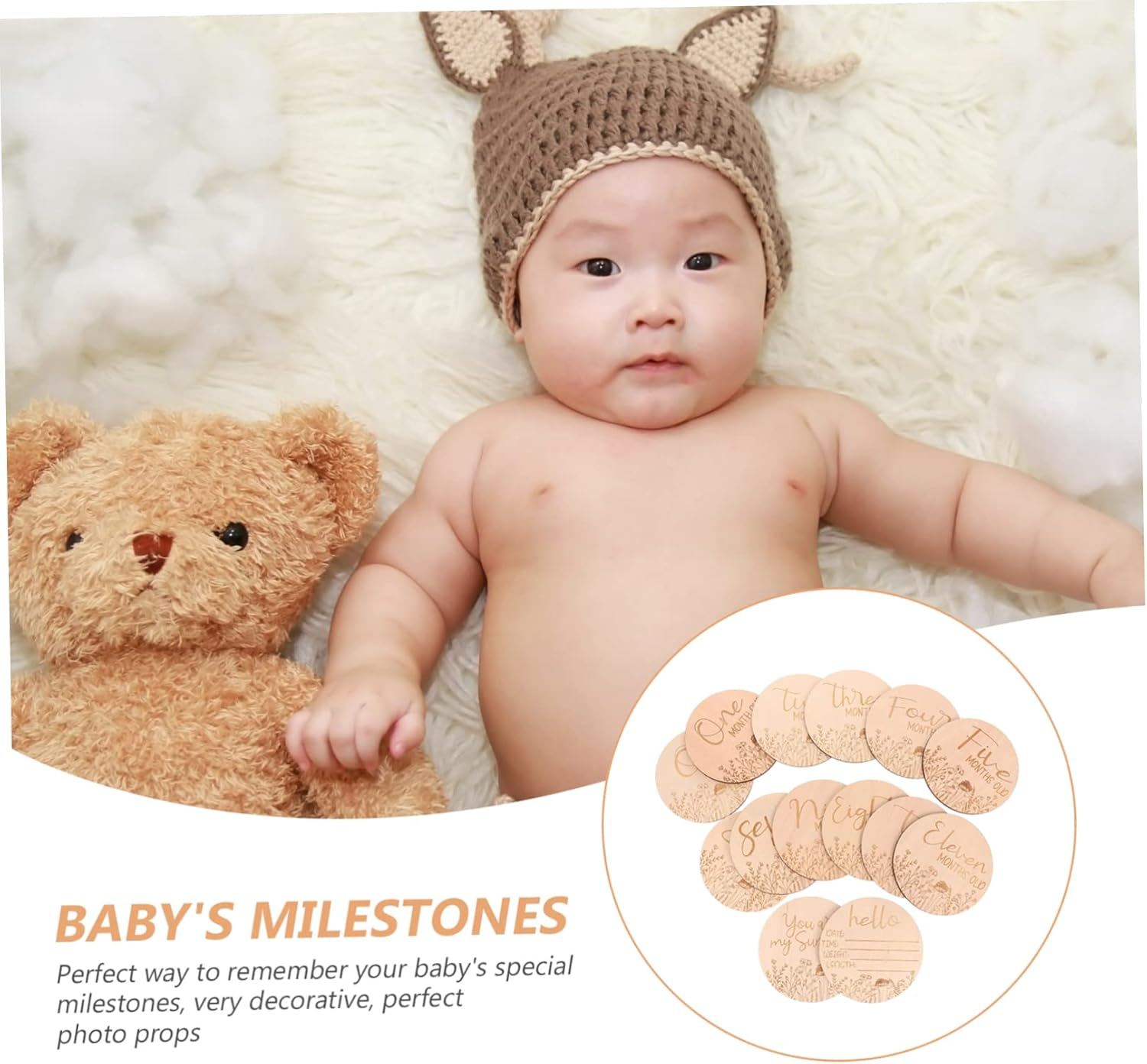 Hohopeti 14Pcs Baby Monthly Milestone Cards Wooden Photo Prop Discs Infant Growth Recording Set Newborn Birth Announcement Sign for Photography image number 1