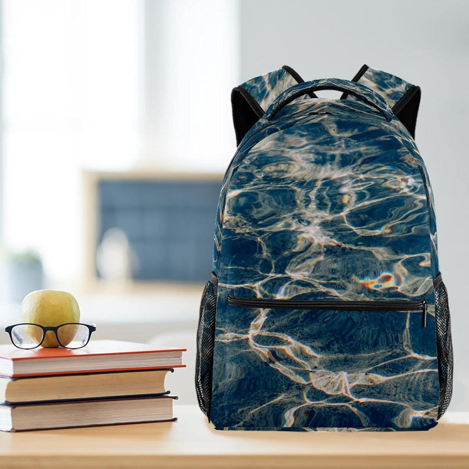 Blue Water with Glares and Waves Backpack Students Shoulder Bags Travel Bag College School Tote Backpacks image number 4