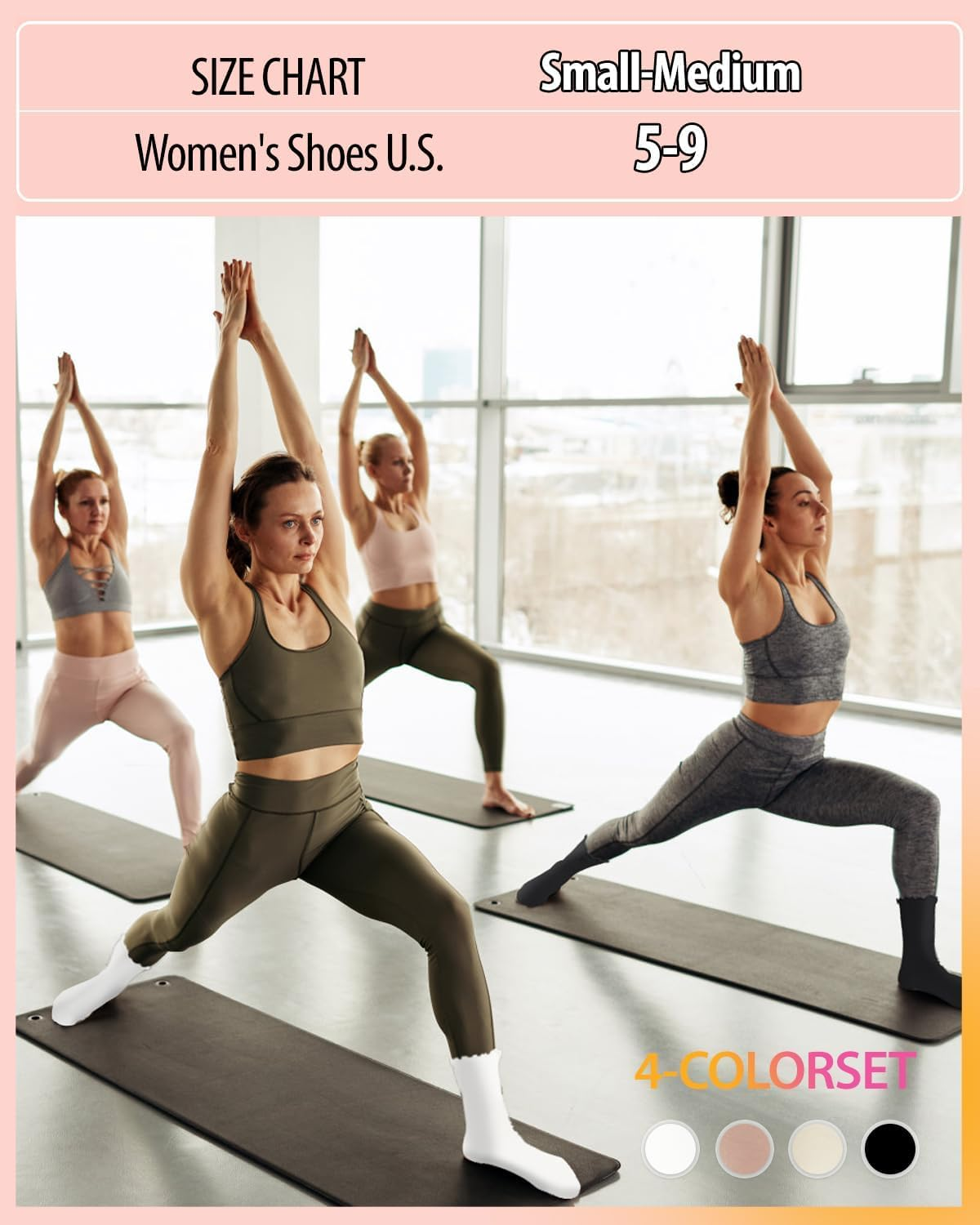 ZANZER Pilates Women'S Yoga Socks with Non-Slip Grip, Ruffle Swivel Cuff & Crew Design - Anti-Skid Workout Socks (Black+Beige+Pink+White) image number 1