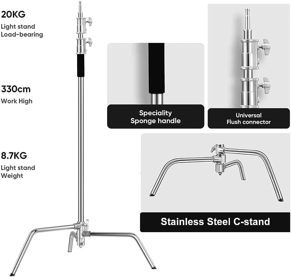 Studio Light Stand Heavy Duty Stainless Steel C Stand 1.5-3.3M Adjustable Light Stand, Photography Light Stand with Boom Arm Grip Head Sandbag, for Reflectors Softboxes Monolights Umbrellas image number 6