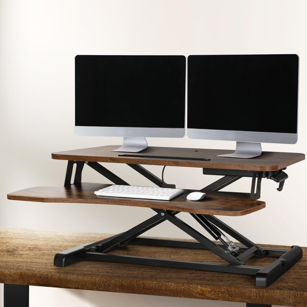 Artiss Desk Riser Laptop Standing Desk Height Adjustable Sit Stand Desks 80Cm Length Table for Office Study Computer Workstation Home Use Portable Monitor 2-Tier Design Brown image number 2