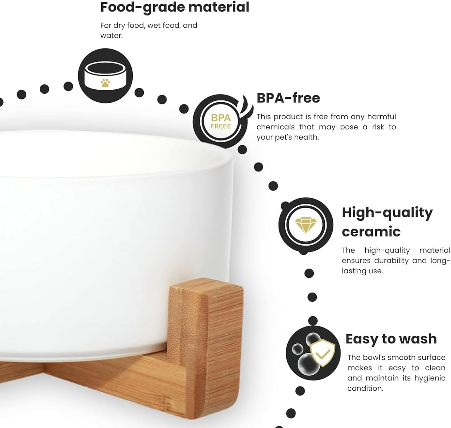 Ceramic Cat Bowl,Small Dog Food Bowl,With Wood Stand Non-Slip,Double White Bowls,Ceramic Bowl for Food and Water (800Ml/27Oz) image number 1