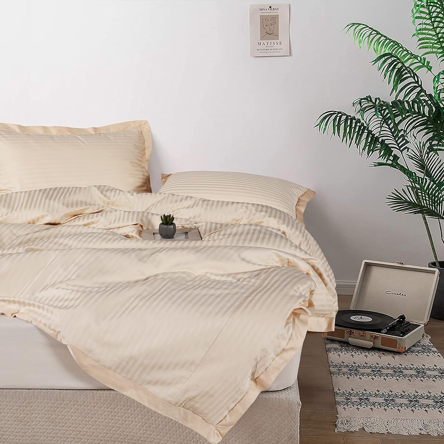 Enviohome 1000 Thread Count Cotton Ivory Satin Stripe Reversible Duvet Cover Quilt Bedding Set - Double, Ivory image number 7