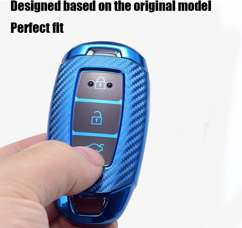 HIBEYO TPU Carbon Fiber Texture Car Key Fob Cover with Keychain Fits for Hyundai Solaris I20 Ix25 Creta Car Key Case Cover - Green image number 4