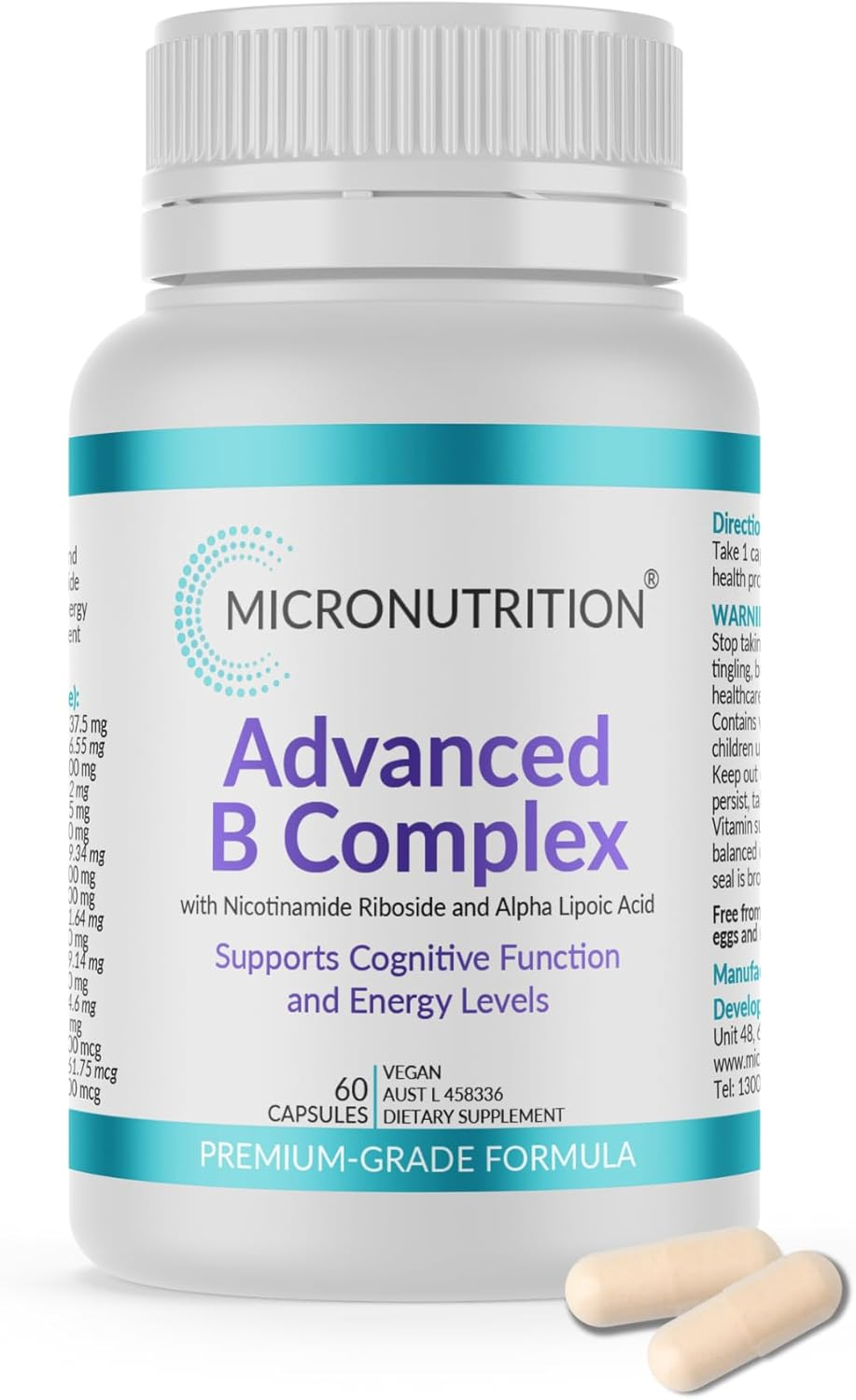 MICRONUTRITION Advanced B Complex Vitamin &ndash; One-A-Day, 60 Capsules - High-Strength - All 8 Essential B Vitamins B1, B2, B3, B5, B6, B7, B9 & B12 - Supports Energy, Cognitive Function, Skin Health image number 2
