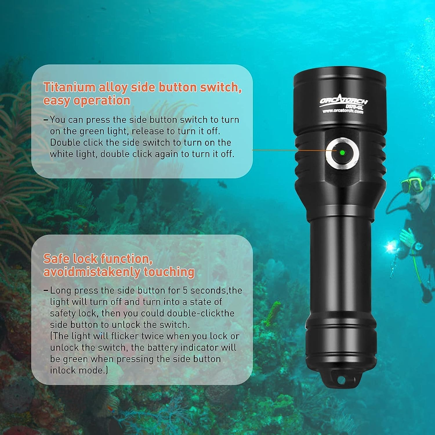 ORCATORCH D570 2-In-1 Scuba Diving Safety Light with 1000 Lumens White Beam, 1000 Meters Green Light, for Diving Instructors, Scuba Divers, Underwater 150 Meters Diving image number 3