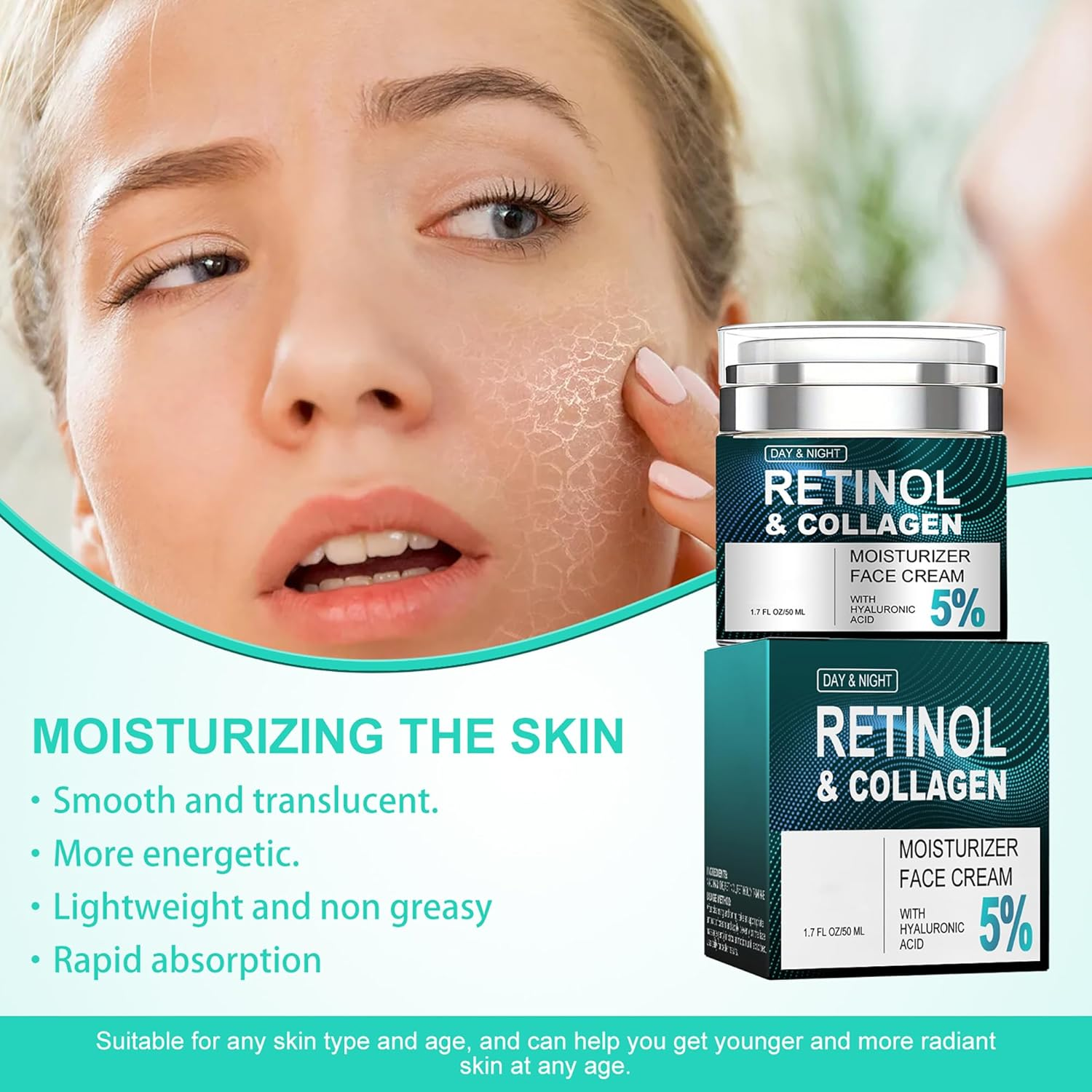 Retinol & Hyaluronic Acid Cream for Face(2Pcs) - Anti-Aging Moisturizer Day & Night,Deep Hydration to Reduce Wrinkles,Fine Lines & Dryness,Firming Skin Care with Collagen for Women & Men image number 3