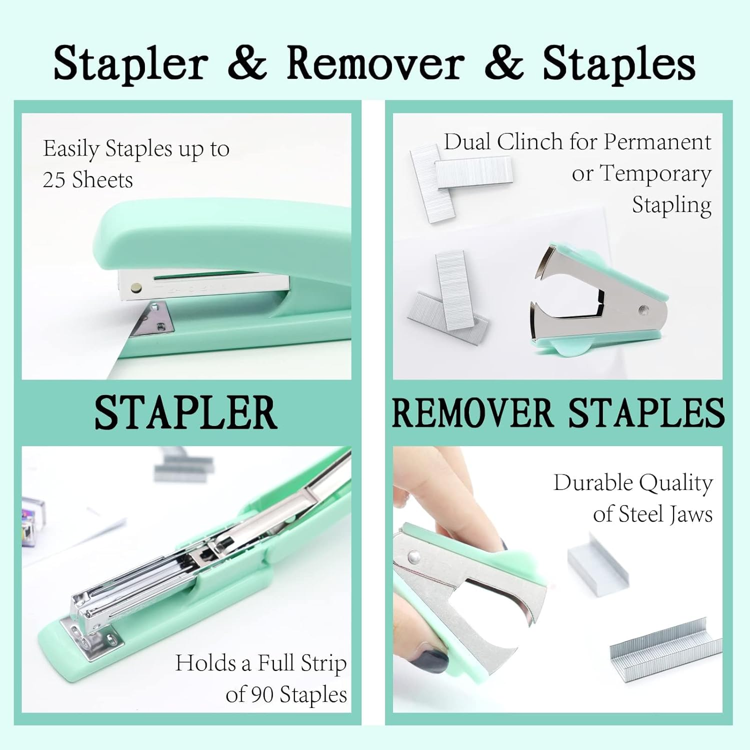 FACAICAI Office Supplies, Desk Accessories, Stapler and Tape Dispenser Set for Women with Stapler, Tape Dispenser, Staple Remover, Staples, Clips, Scissor and Tabs,Gift (Blue Green) - Pink image number 4