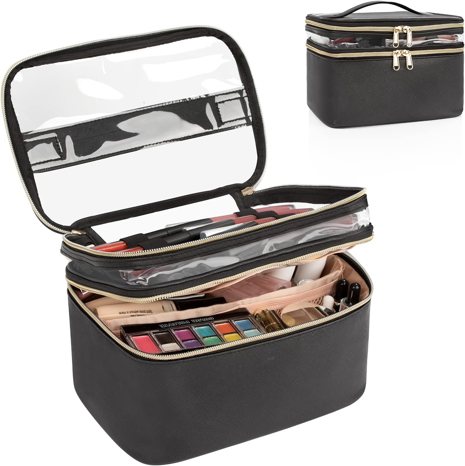OCHEAL Makeup Bag, Double Layer Cosmetic Cases Travel Makeup Organizer Toiletry Bags Large Make up Bag for Women Girls with Adjustable Dividers and Brush Organize Area (Black Clear)