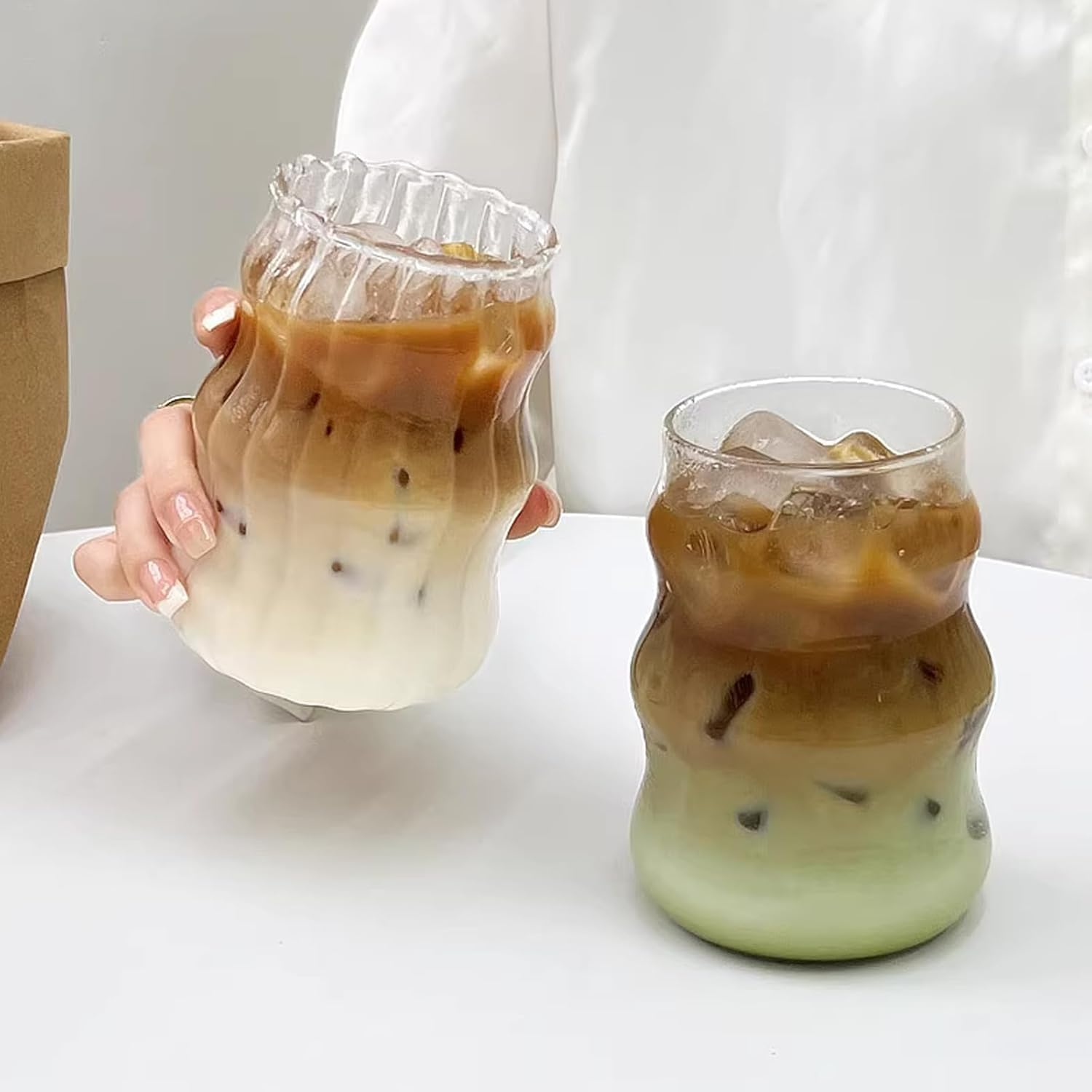 Vintage Ribbed Glassware Water Tumbler, 18 Oz Aesthetic Ripple Glass Tumbler, Ripple Glassware Coffee Cup, Cute Glass Tumbler for Iced Coffee Juice Drink Milk (1 Pcs) image number 2