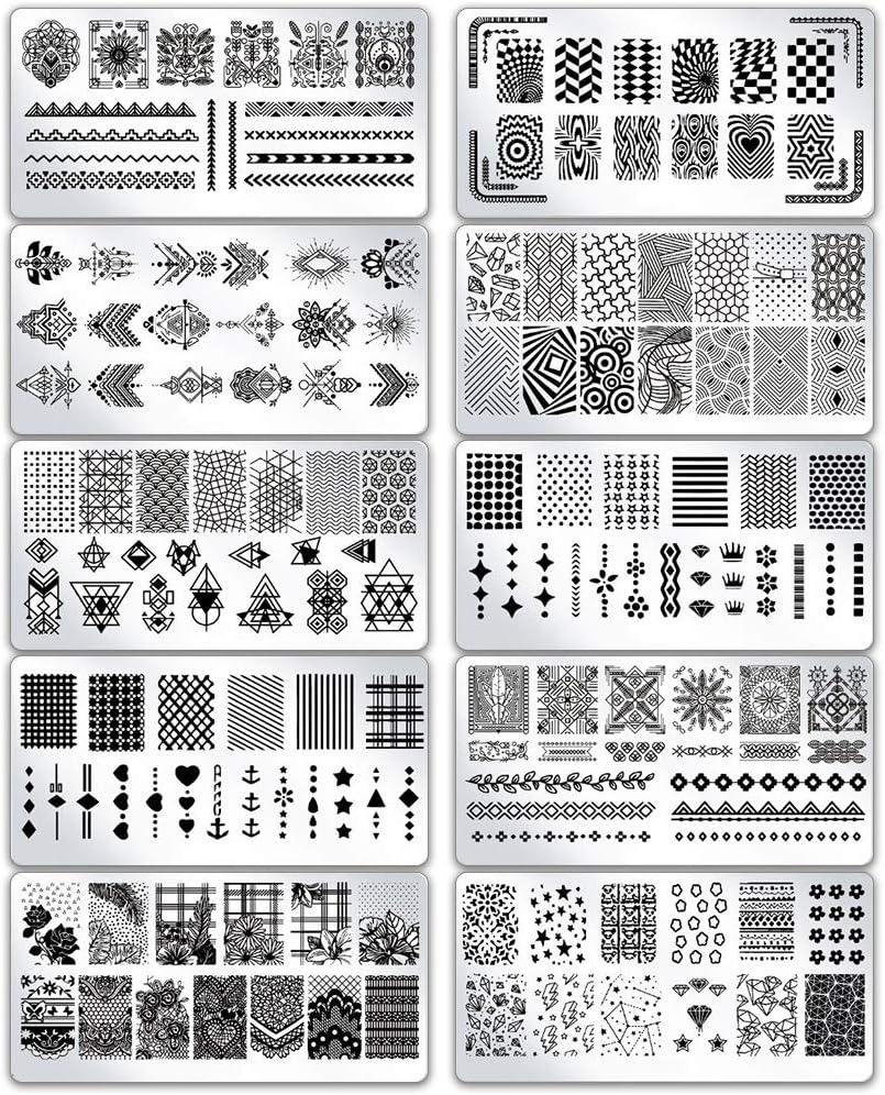 Birdsunshine 10 Pcs Nail Stamping Plates, Flowers, Lace, Geometric Patterns Nail Art Stamping Templates Manicure Tool Kit, with 1 Stamper and 1 Scraper image number 5