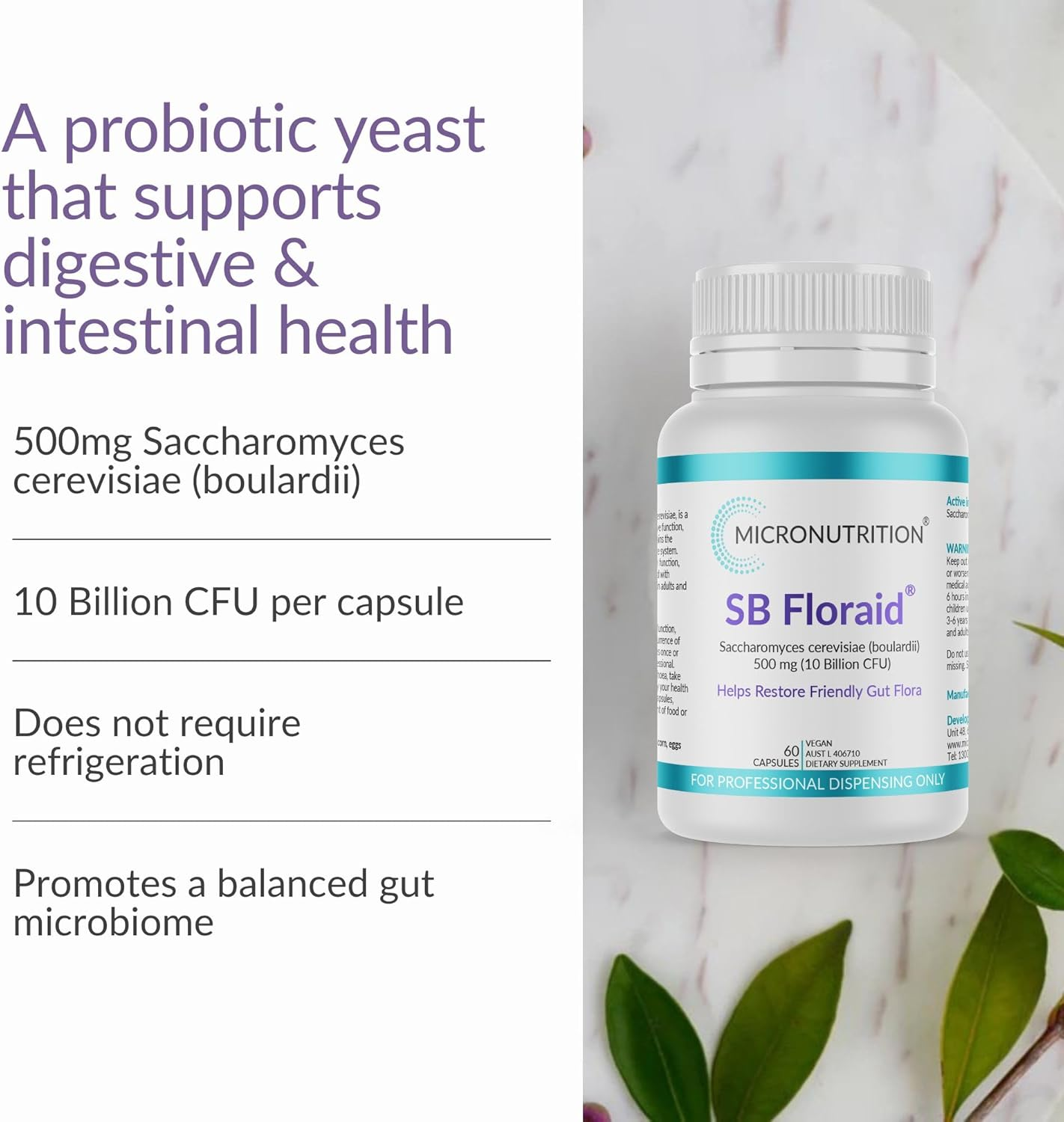 Saccharomyces Cerevisiae (Boulardii) 10 Billion CFU per Serving SB Floraid | Oral Probiotic Yeast Supplement Restores Good Gut Bacteria & Relieves Traveller'S Diarrhoea (60 Veg Caps) - MICRONUTRITION image number 2