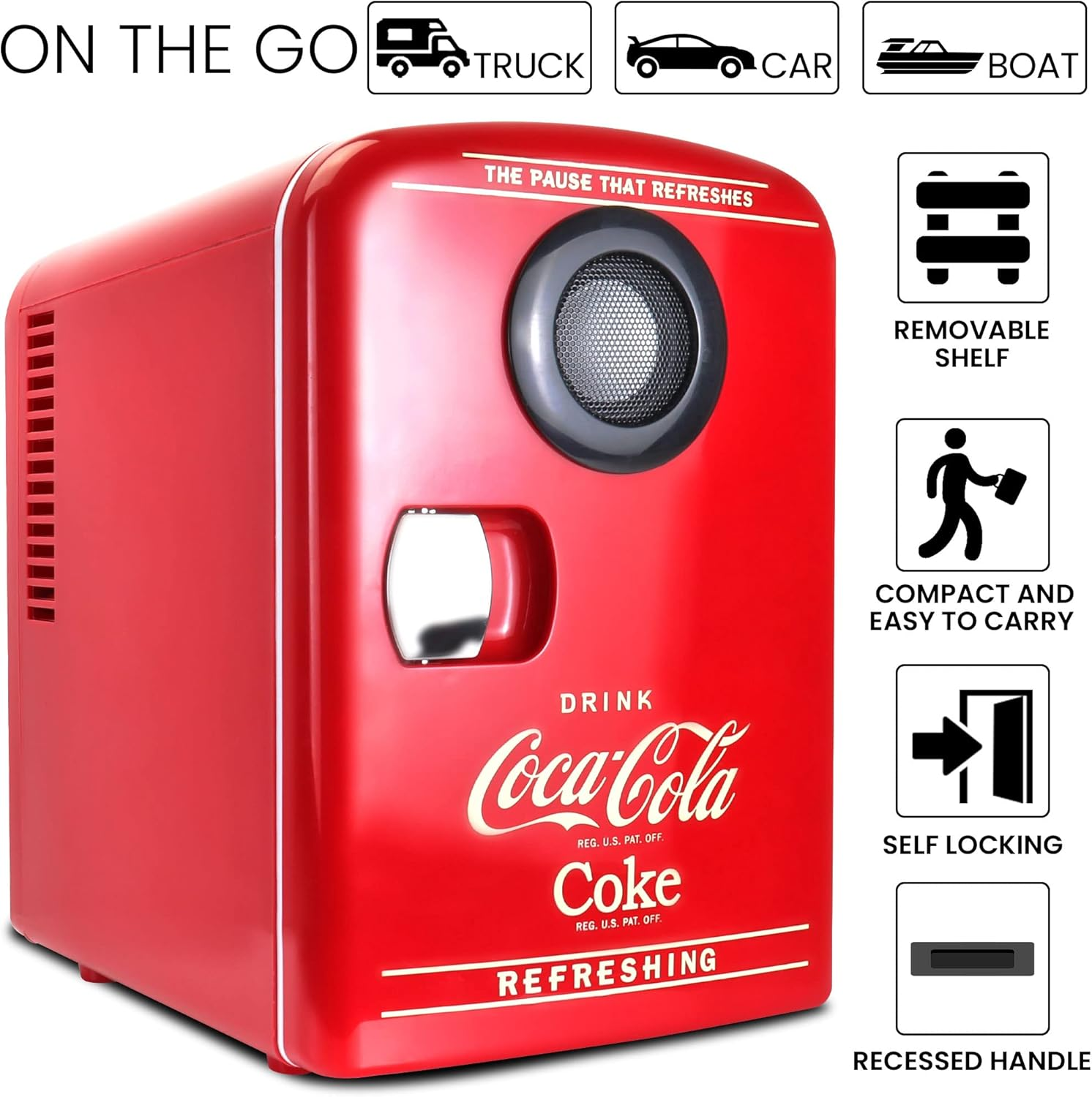 Coca Cola Mini Fridge - Refrigerator for Bedroom Skincare Office, Portable Table Top Beverage Cooler 12V DC/220V AC Refrigerador for Drink, Soda, Wine, Use in Car, Dorm, Patio, Bluetooth, 6 Can image number 6