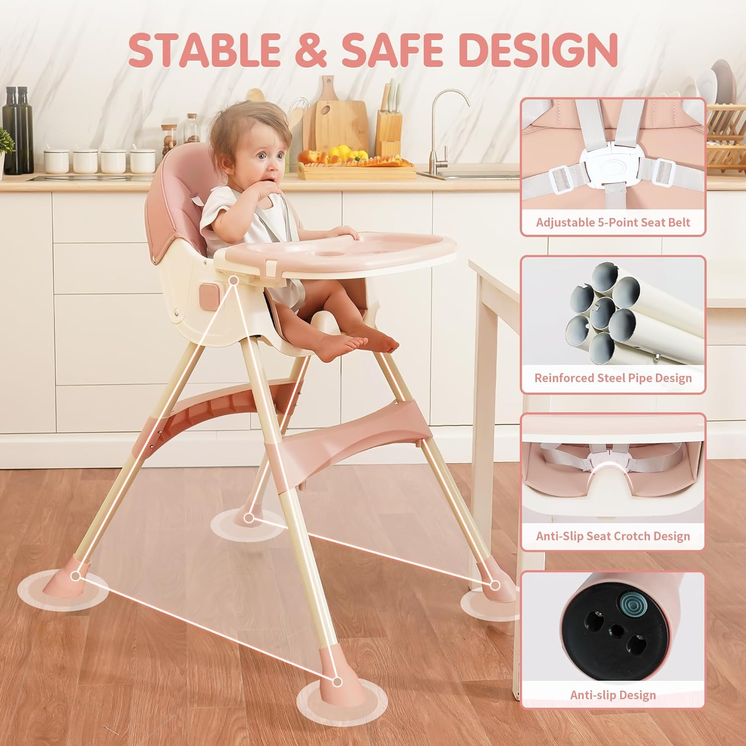 Portable Baby High Chair, 6 in 1 Convertible High Chairs for Babies & Toddlers with 5-Point Safety Harness, Foldable High Chair for Space-Saving, Adjustable Dining Tray, Backrest & Height image number 3