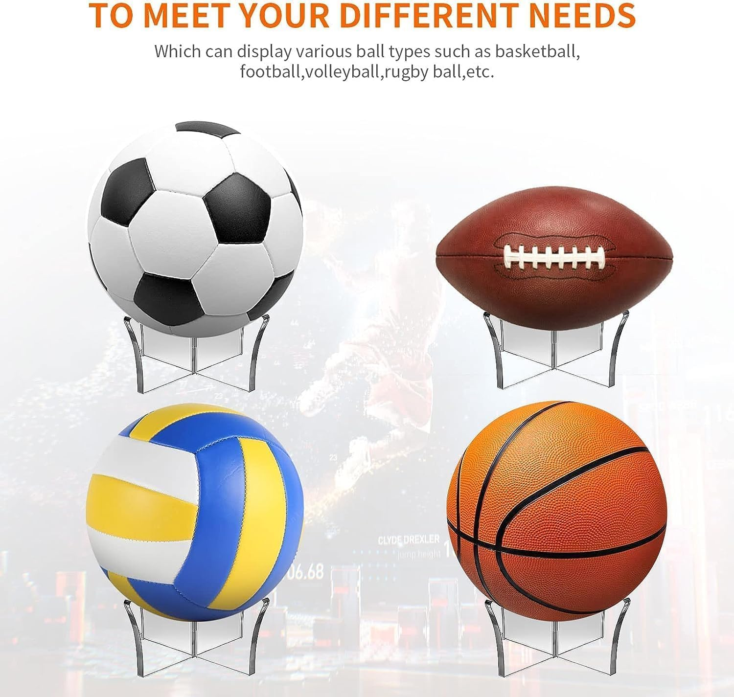 4 Pack Acrylic Sports Ball Display Stands for Basketball, Football, Volleyball, Rugby and Soccer(Transparent, 9 X 6.5 Cm)