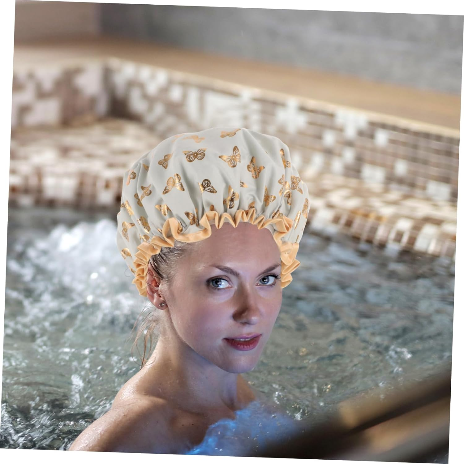 OATIPHO Double Layer Elastic Shower Cap for Women, Waterproof Bath Hair Cover, Extra Large Hair Cap for Bathing and Cooking, Light Green Bath Bonnet for Home Use - Black image number 7