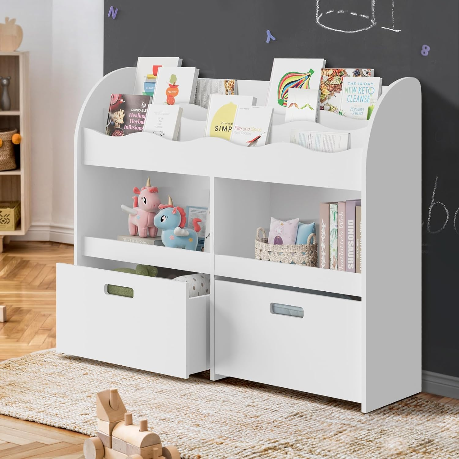 Oikiture Kids Storage Children Bookshelf Toy Storage Natural