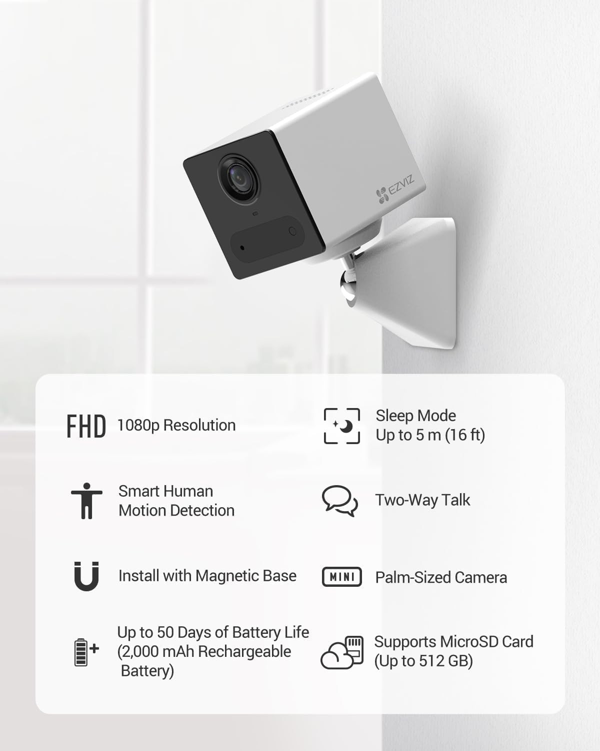 EZVIZ Wireless Security Camera, 1080P HD Indoor Wifi Battery Home IP Camera, Baby and Pet Monitor, PIR Detection, Night Vision, 2-Way Talk, Easy Install, 521G SD and Cloud Storage, Alexa, CB2 White image number 5