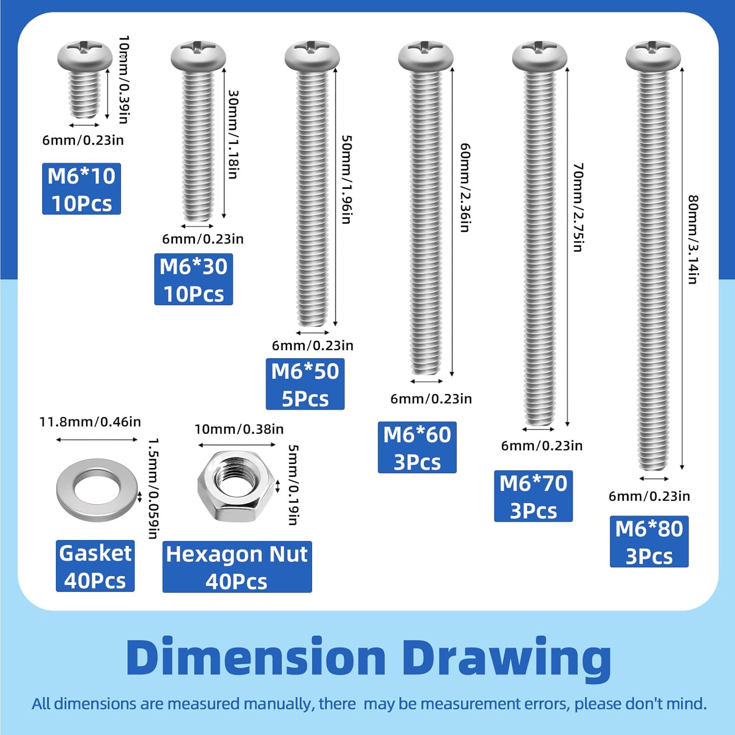 Glarks 114Pcs M6 X 10/30/50/60/70/80Mm Pan Head Phillips Machine Screws Set, 304 Stainless Steel, Fully Thread, Silver Cross Head Screws Bolts with Nuts and Washers for Cabinet Drawer Knob Pull Handle image number 6