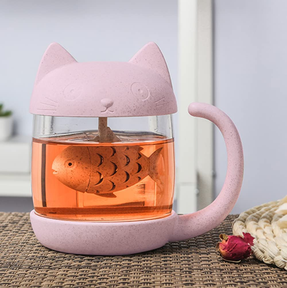 Cat Glass Tea Mug Water Bottle-With Fish Tea Infuser Strainer Filter 250ML（8OZ） (Pink) image number 1