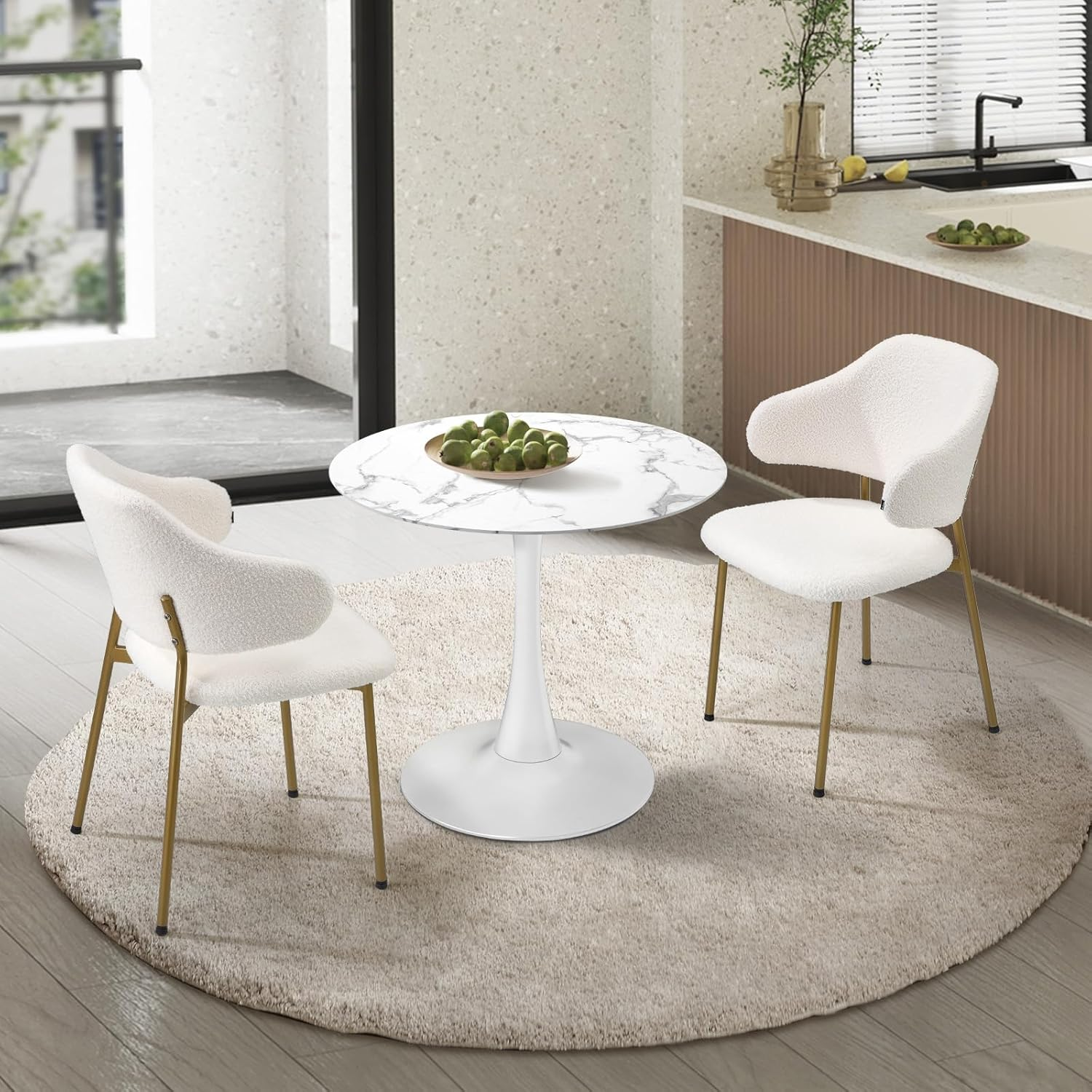 Oikiture Dining Table and Chair Set 90Cm round Table with Dining Chairs Set of 4 Sherpa Kitchen Chair White