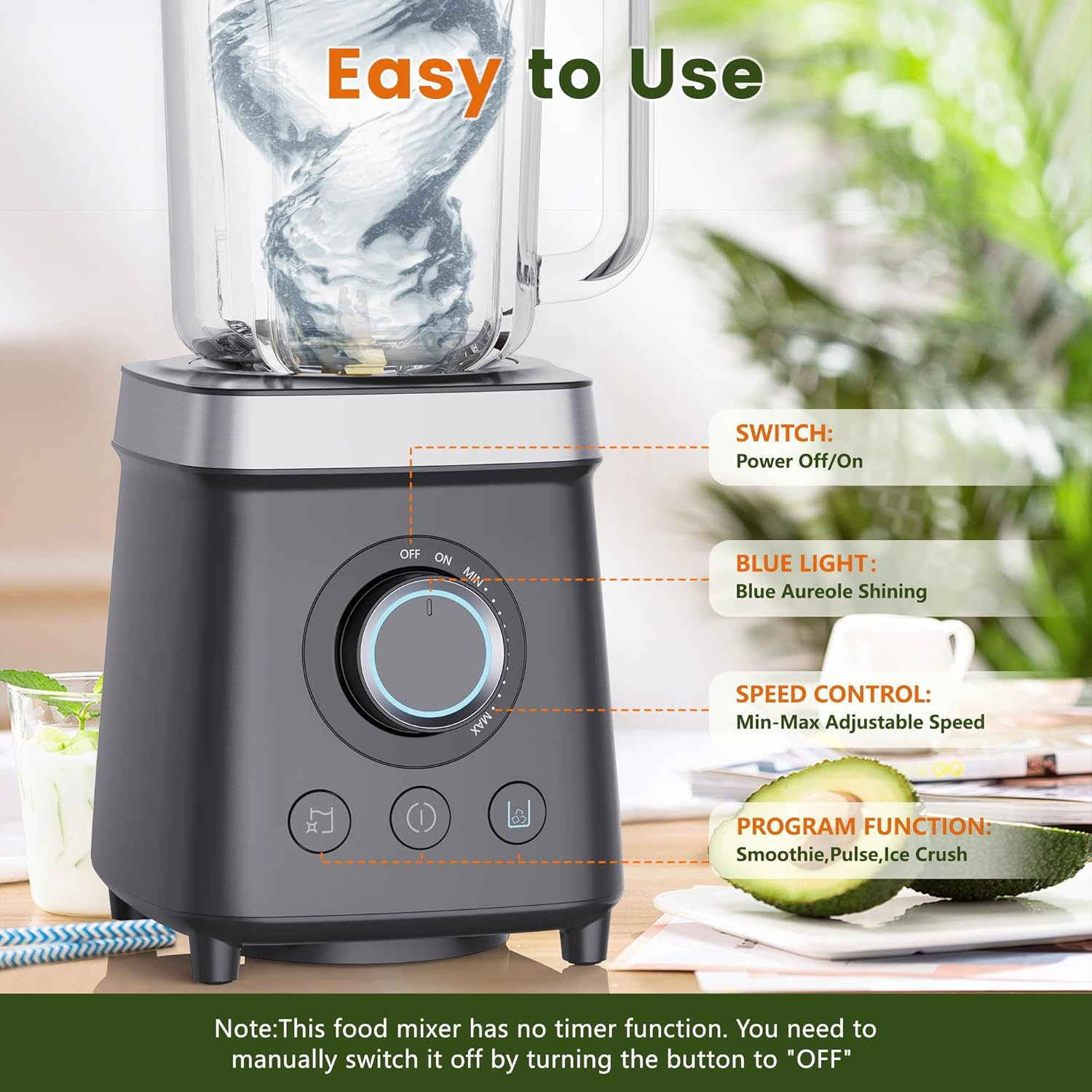 Keenray Personal Blender, Smoothie Maker, 2000W High Speed Electric Blender, Food Processor with 1.8L Glass Jug, 6-Leaf Stainless Steel Blades, BPA Free Countertop Blenders for Ice Crush image number 3