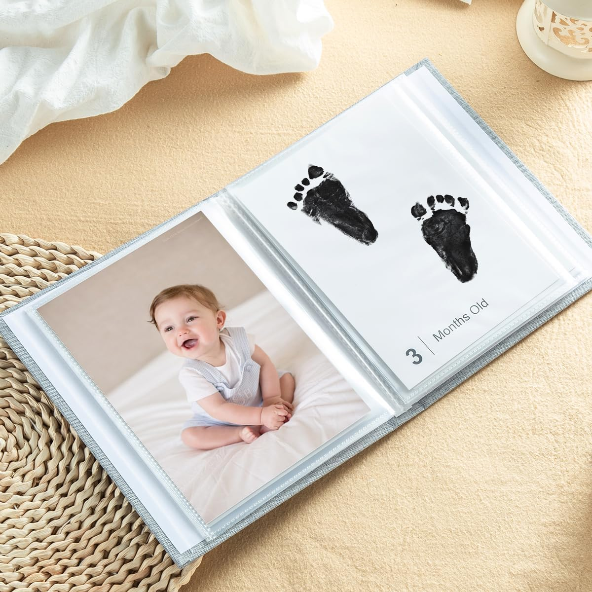 Baby Inkless Milestone Cards Photo Album&ndash;Clear Pages, Linen Cover with Front Window, Small Brag Book Photo Album for Kids, Portable Baby Photo Albums, Newborn Baby Keepsake Gifts image number 1