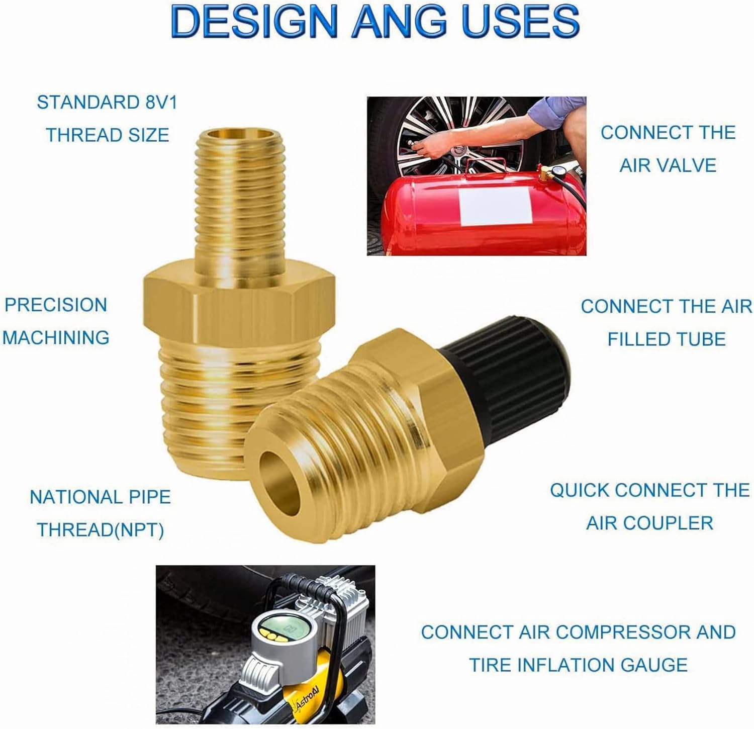 THJOPOKEEL 4Pcs Air Inflator Adapter, Anti-Corrosion Brass Schrader Valve with 1/4" Male NPT, Tire Inflator Connector for Auto Portable Air Compressor/Pump, Includes Protective Caps image number 5