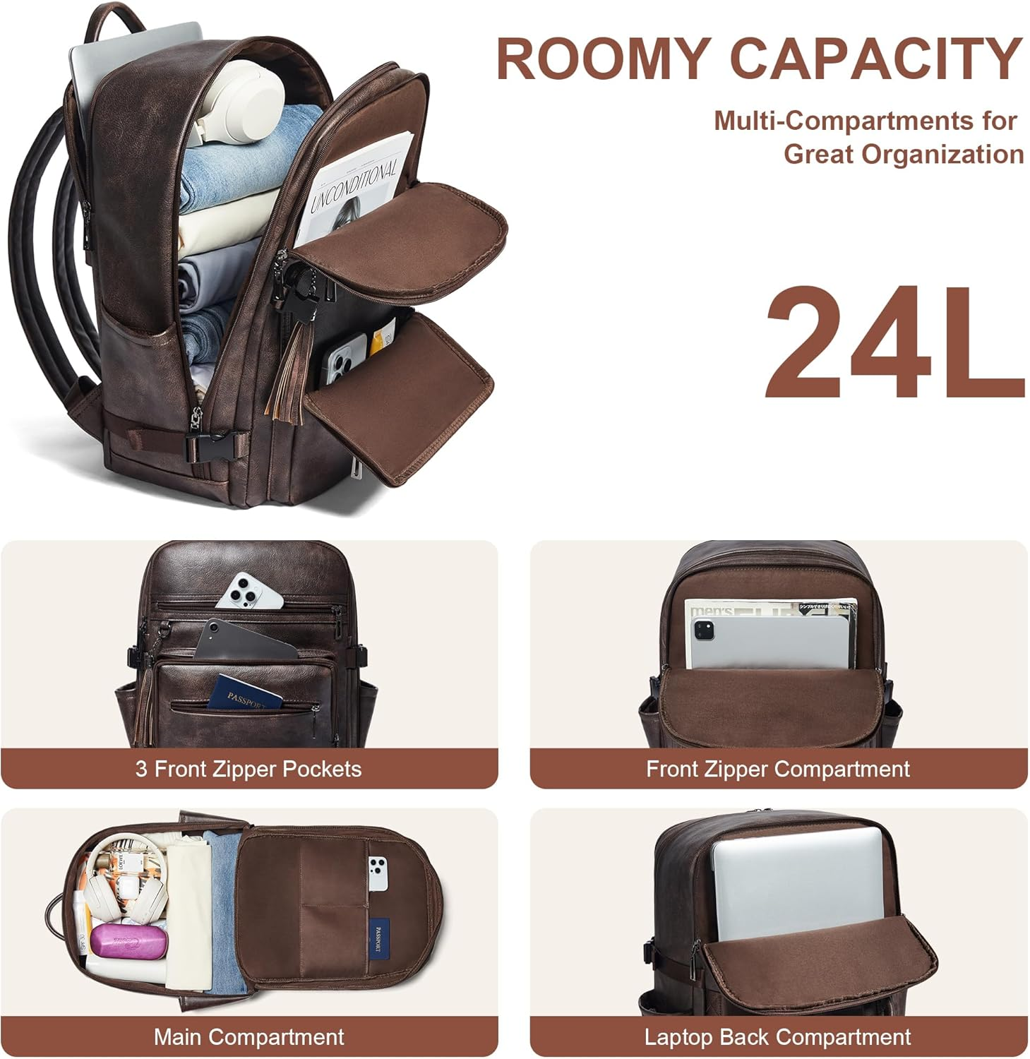 Shrrie Laptop Backpack for Women,Vegan Leather Backpack Work Computer Backpacks Fits 16" Laptop,Water Resistant Teacher Nurse Casual Daypack for Weekender Camping Travel,Beige with Brown image number 5