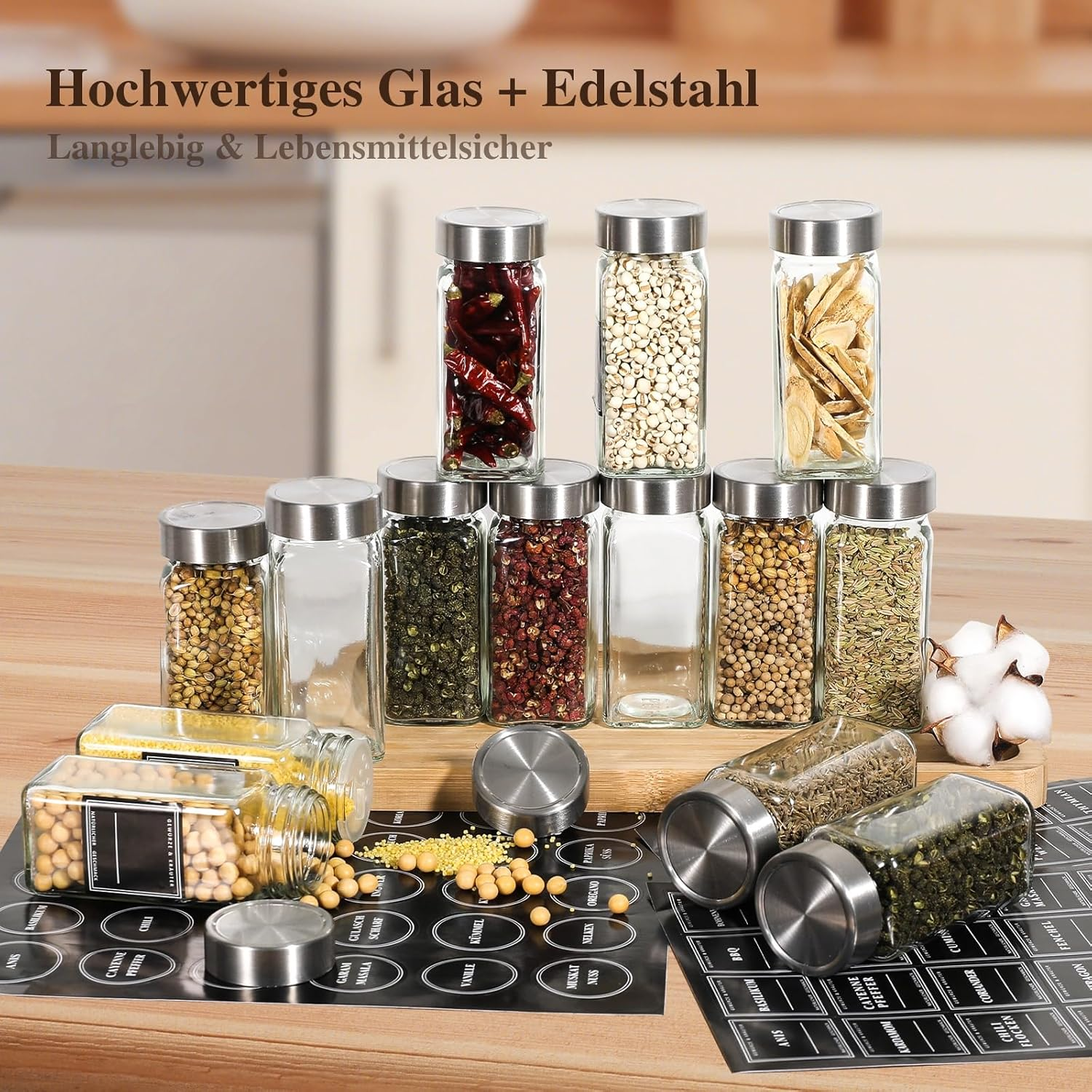 Coolnovel&reg; Spice Jars Set of 24 [120 Ml, Square & Airtight] with Stainless Steel Lids, Labels and Shaker Inserts - Glass Spice Jars Including Funnel & Cleaning Brush - Spice Storage, Spice Jars