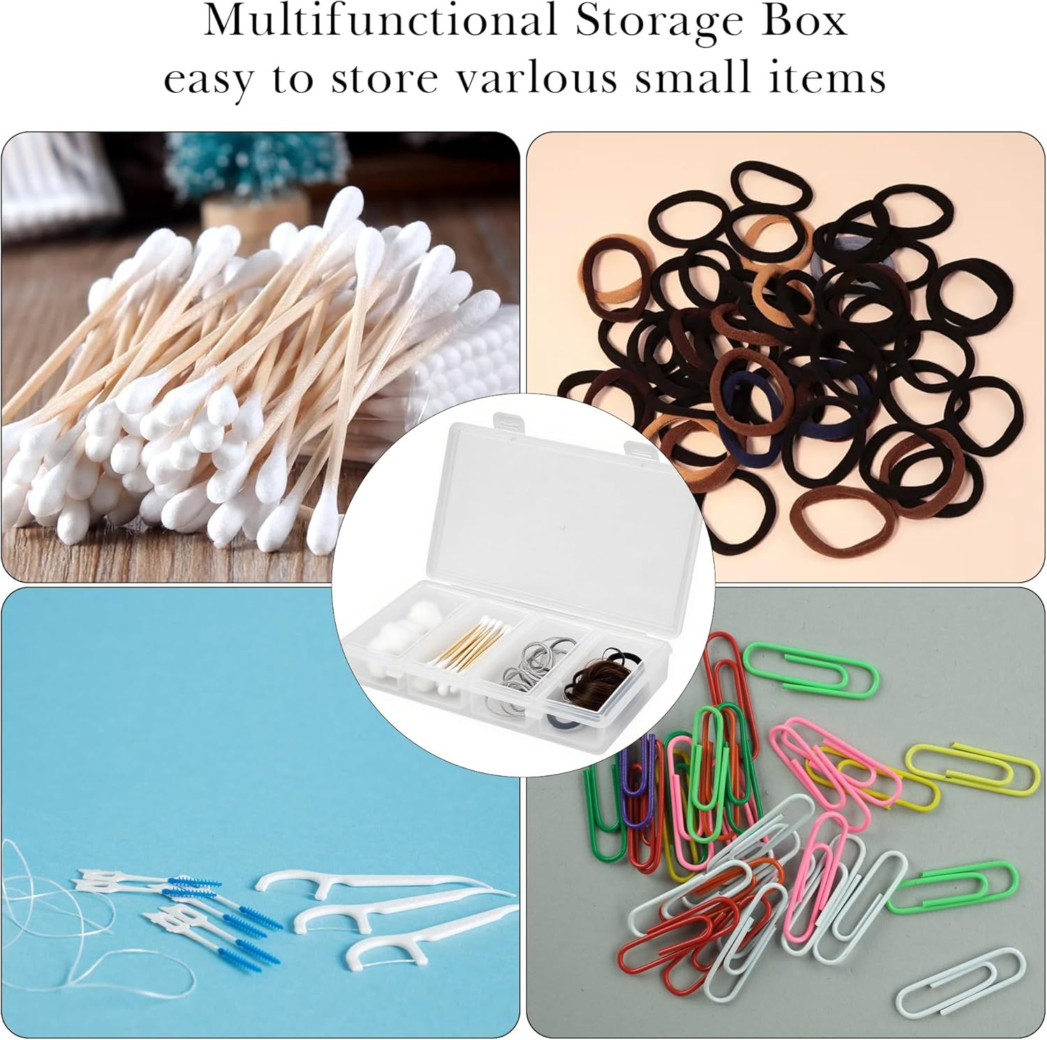 Reignsword Cotton Swab Holder for Travel, 4 in 1 Travel Floss Picks Case with Dustproof Lid, Clear Plastic Reusable Cotton Pad Holder Storage Box for Cotton Swabs Hair Ties Floss