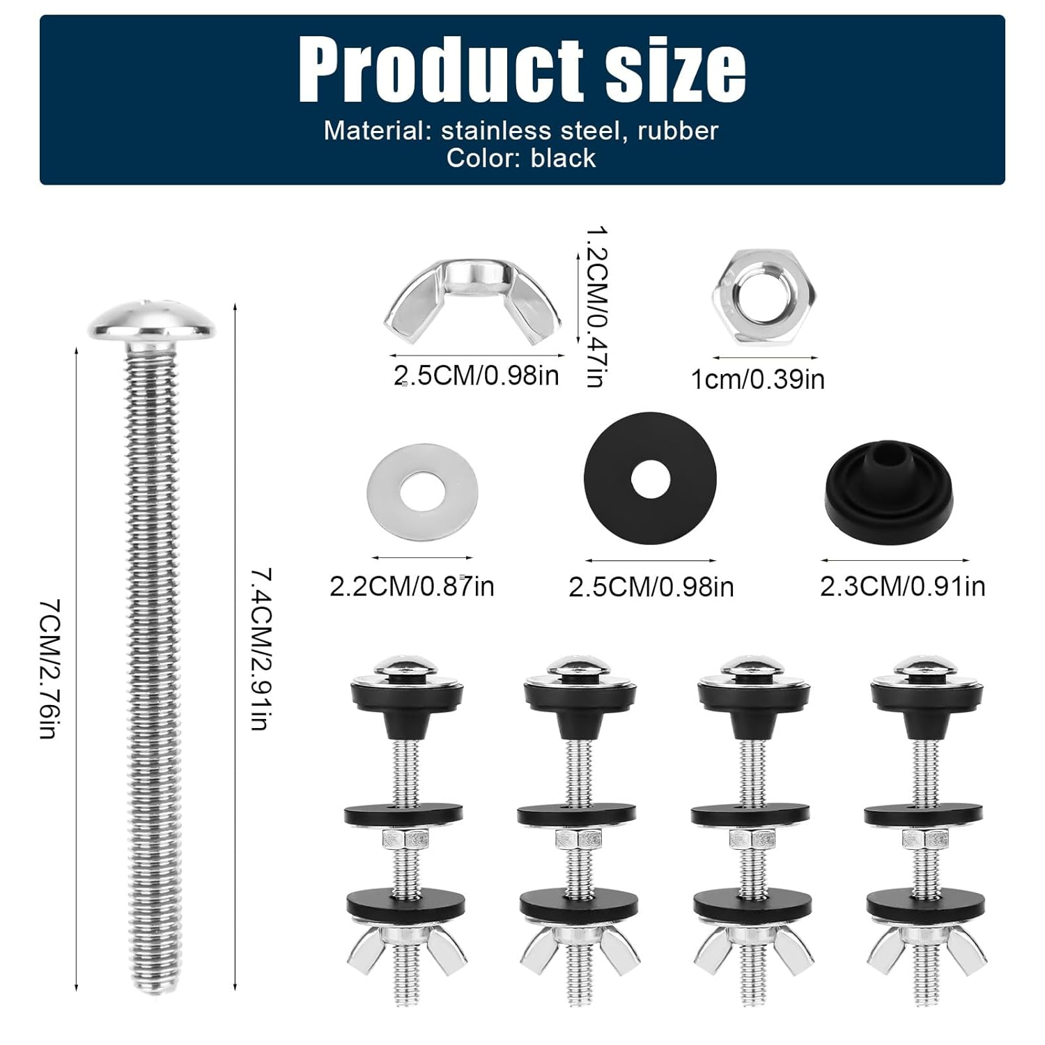 Lasuroa 4Pcs Toilet Seat Bolts Kit, Stainless Steel Universal Fit Toilet Tank Bolts Replacement Kit with Rubber Washers & Extra Long Nuts for Secure Fastening image number 4