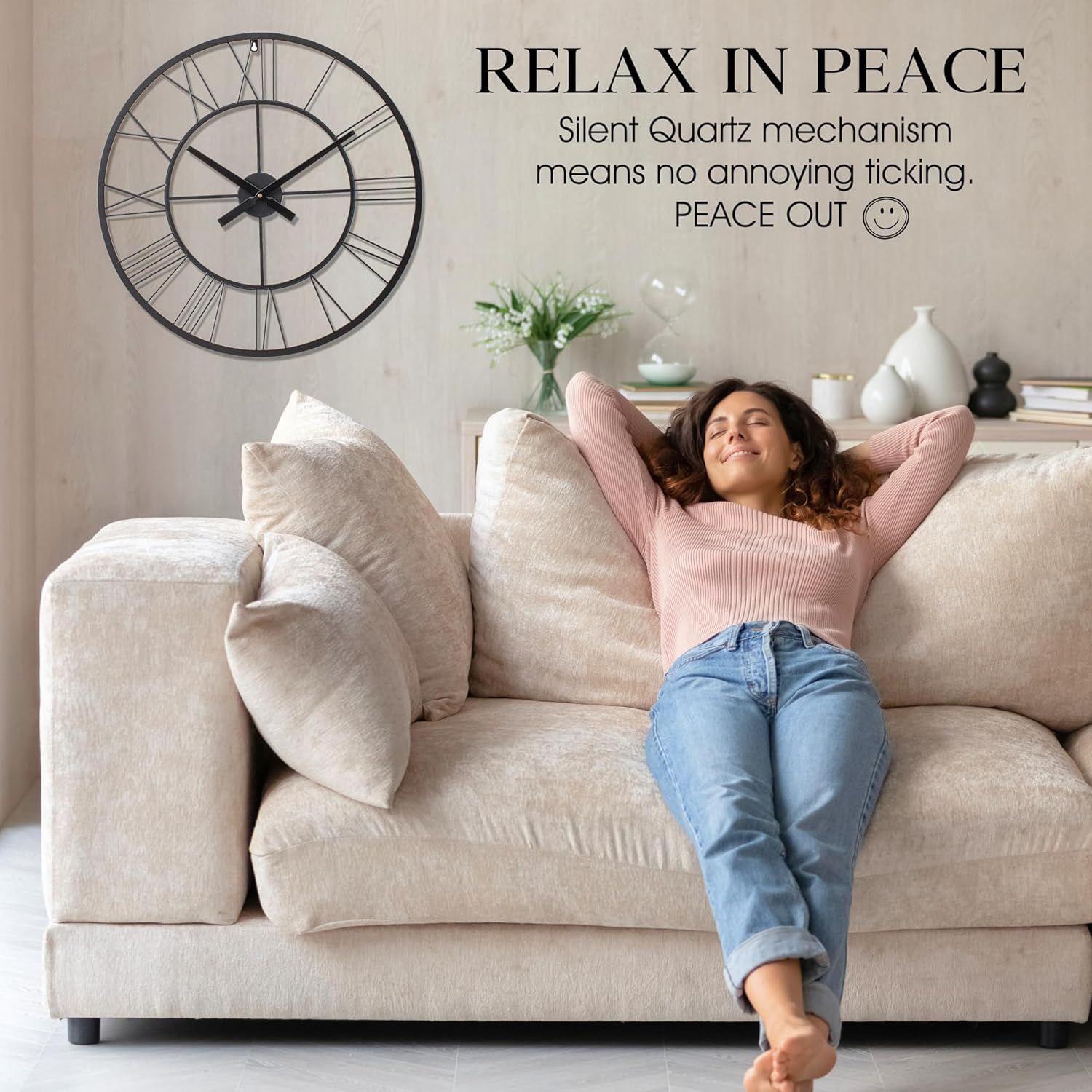 60Cm Roman Numerals Wall Clock &ndash; Silent Non-Ticking Quartz Sweep, Large Metal Decorative Clock for Living Room, Bedroom, Kitchen &ndash; Black Oversized Large Wall Clock 24 Inch image number 2