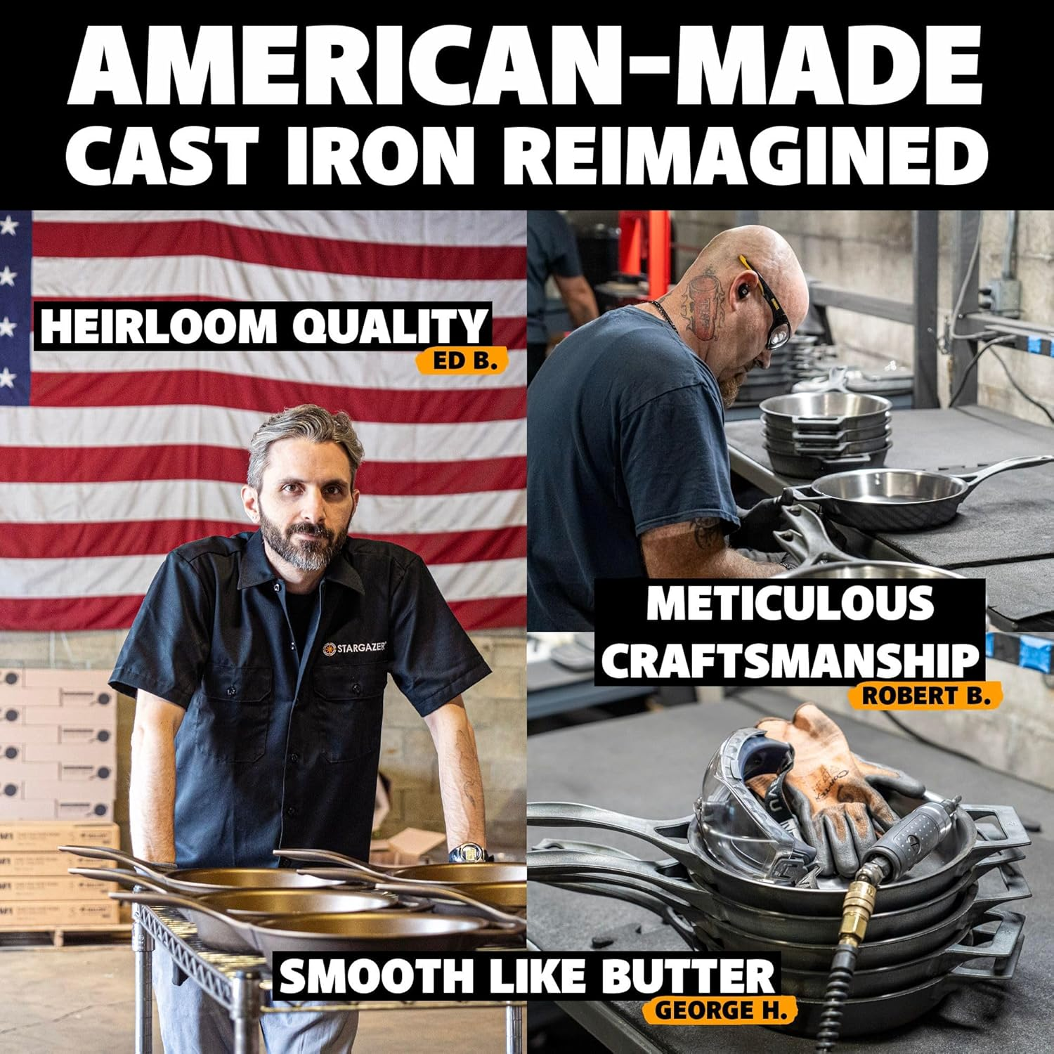 Stargazer 12-Inch Cast Iron Skillet | Made in USA, Seasoned, Even Heat Distribution, Easy to Clean, Smooth Nonstick Finish for Grilling, Frying, Sauteing, Searing, Baking